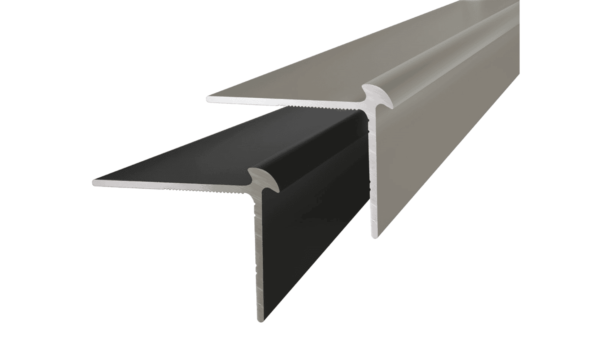 Two interlocking metal profiles, one silver and one black, are shown connected at a right angle. The design suggests use in construction or framing, with grooved surfaces for secure attachment.
