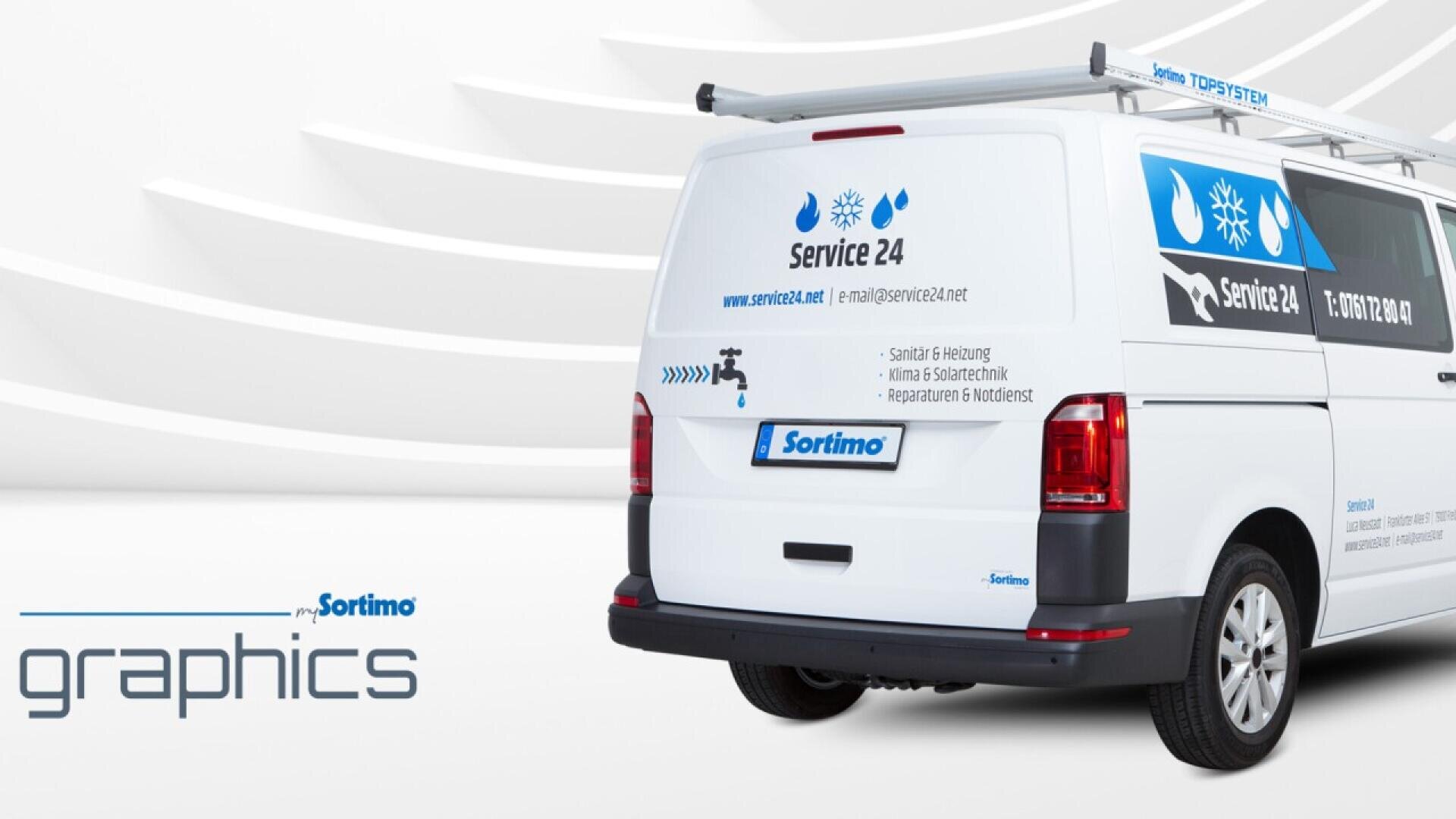 A white service van with blue graphics and logos is parked indoors. The van displays contact information, a snowflake and water drop icon, and a Sortimo logo. The background is white with curved lines and the word graphics on the left.