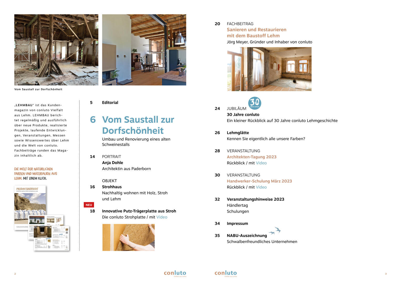 Eine Magazinseite mit Inhaltsverzeichnis, kleinen Fotos von Innenrenovierungen und Überschriften zu Architektur, Restaurierung und natürlichen Baumaterialien. Einige Texte verlinken zu Videos und Artikeln über nachhaltiges Bauen.