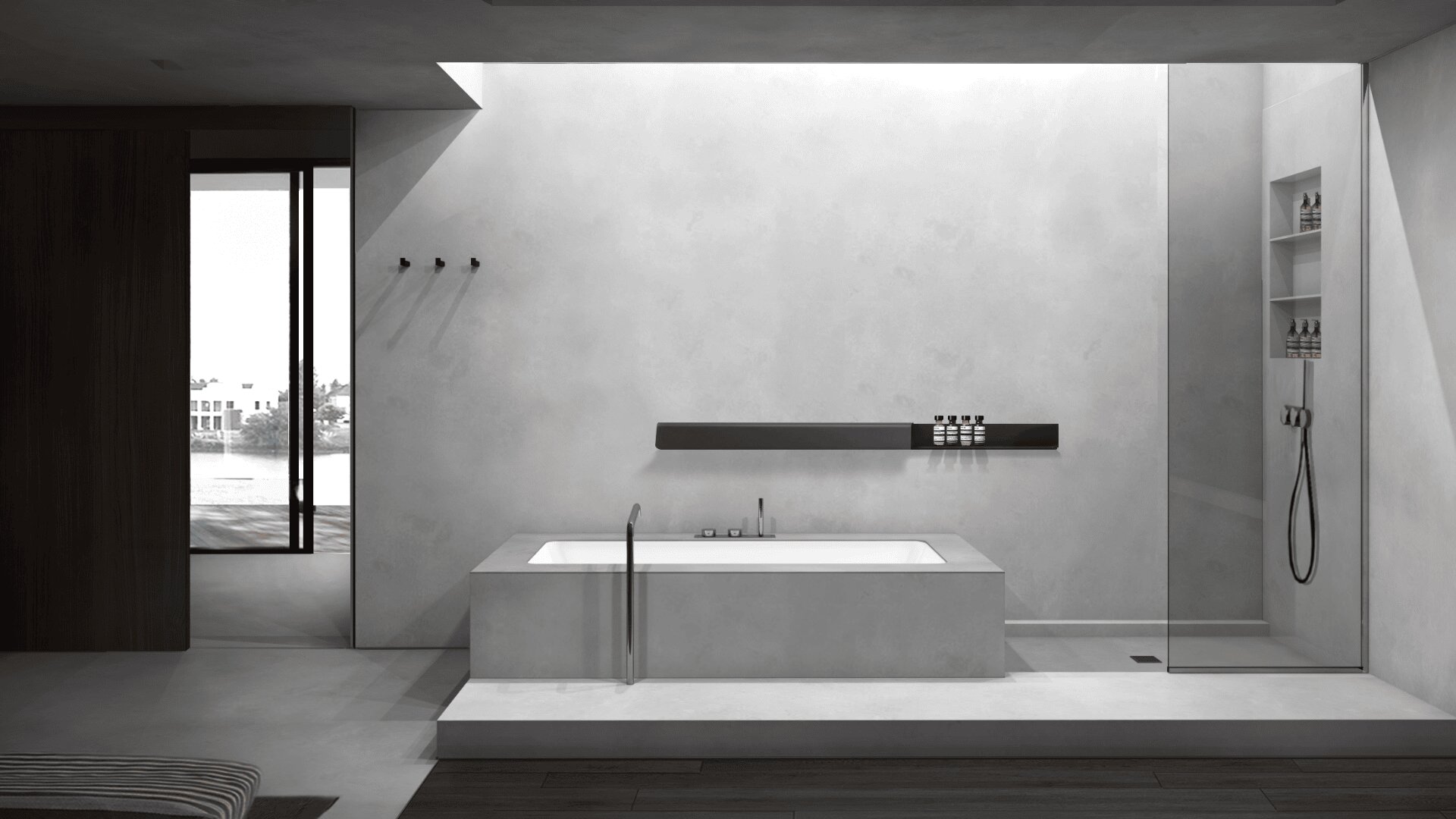 Minimalistisches, modernes Badezimmer mit rechteckiger Einbaubadewanne, Glasduschkabine und eleganten Ablagen für Toilettenartikel. Große Fenster lassen Tageslicht herein, und das Design zeichnet sich durch klare Linien und neutrale Farben aus.