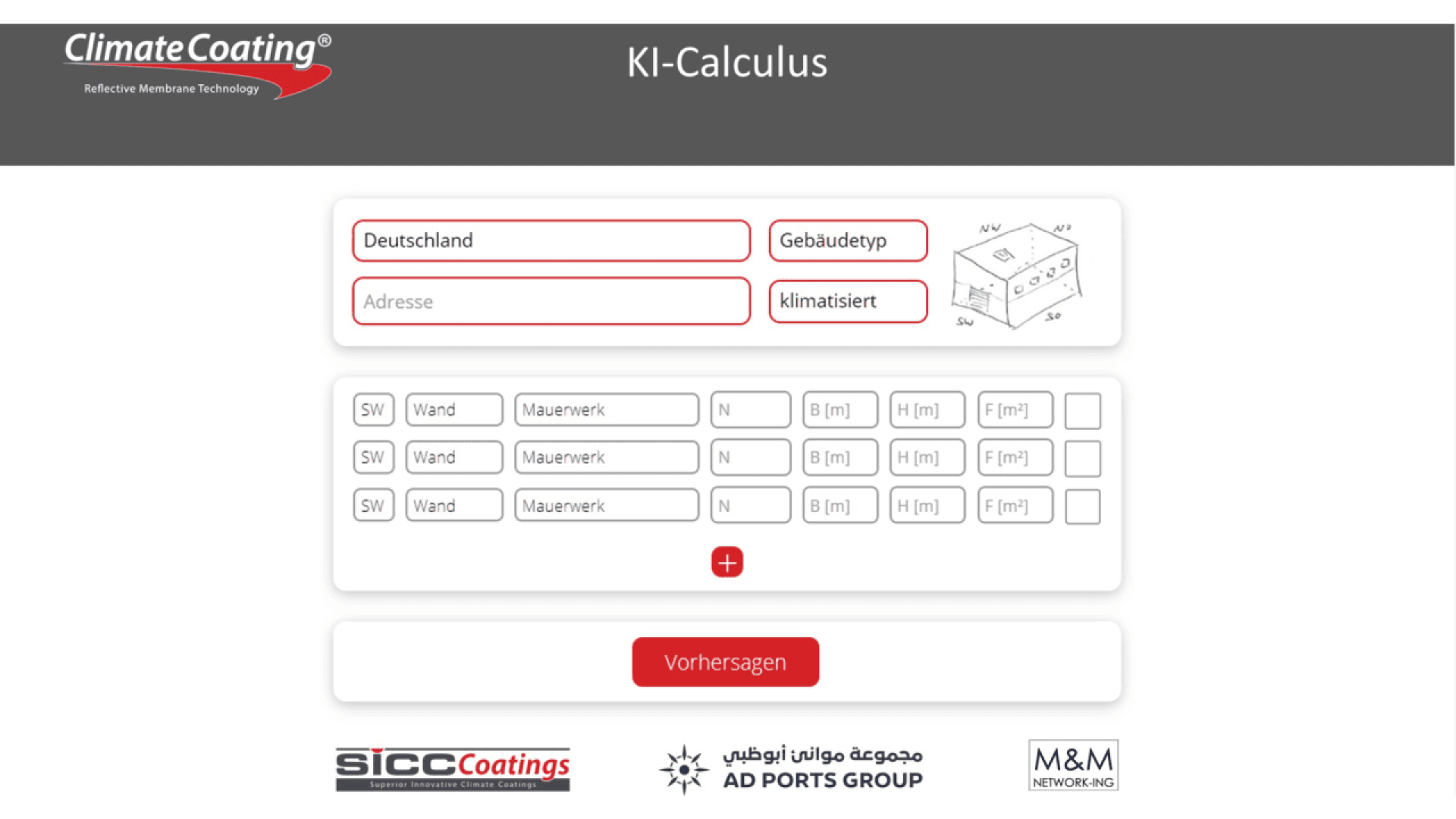 Screenshot of the KI-Calculus interface by ClimateCoating, showing fields for country, address, building type, and several wall specifications, with calculation buttons, and logos of partner companies at the bottom.