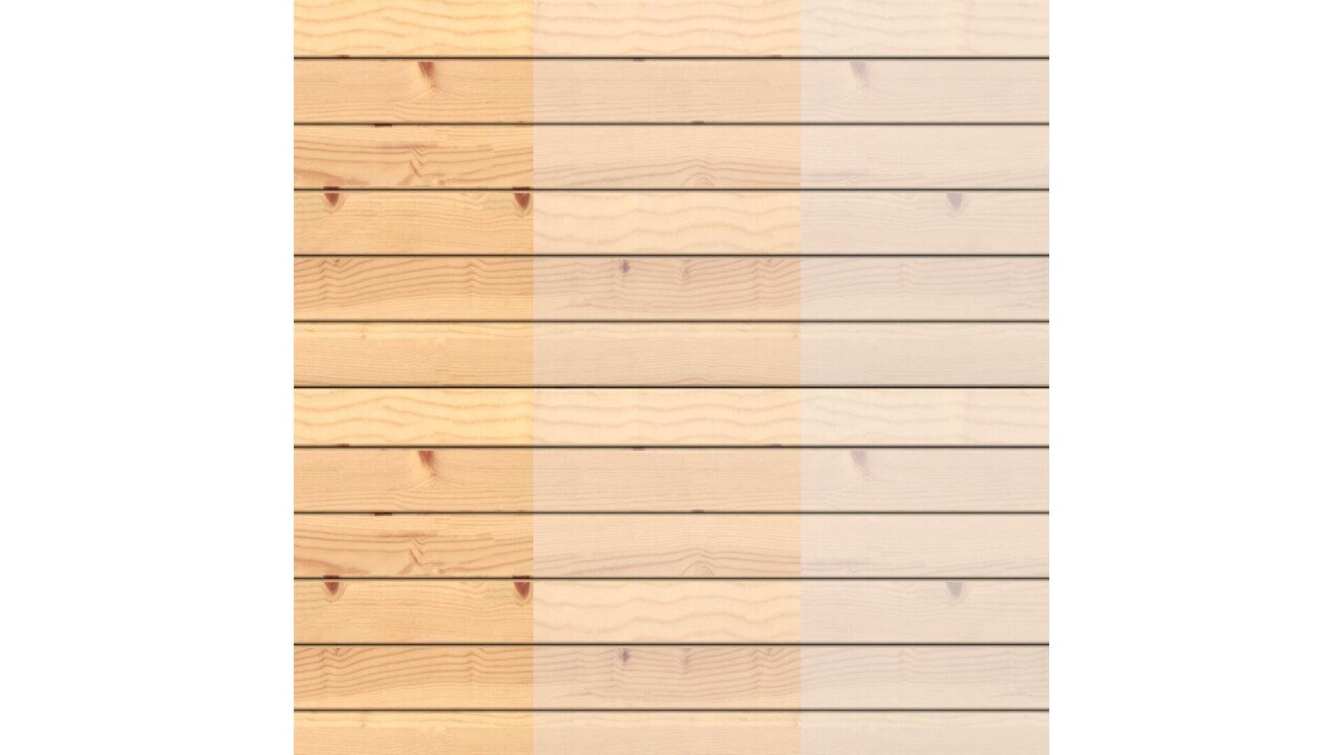 Wooden planks arranged horizontally, with four vertical sections showing a gradient from natural wood color on the left to a noticeably lighter, almost white shade on the right.
