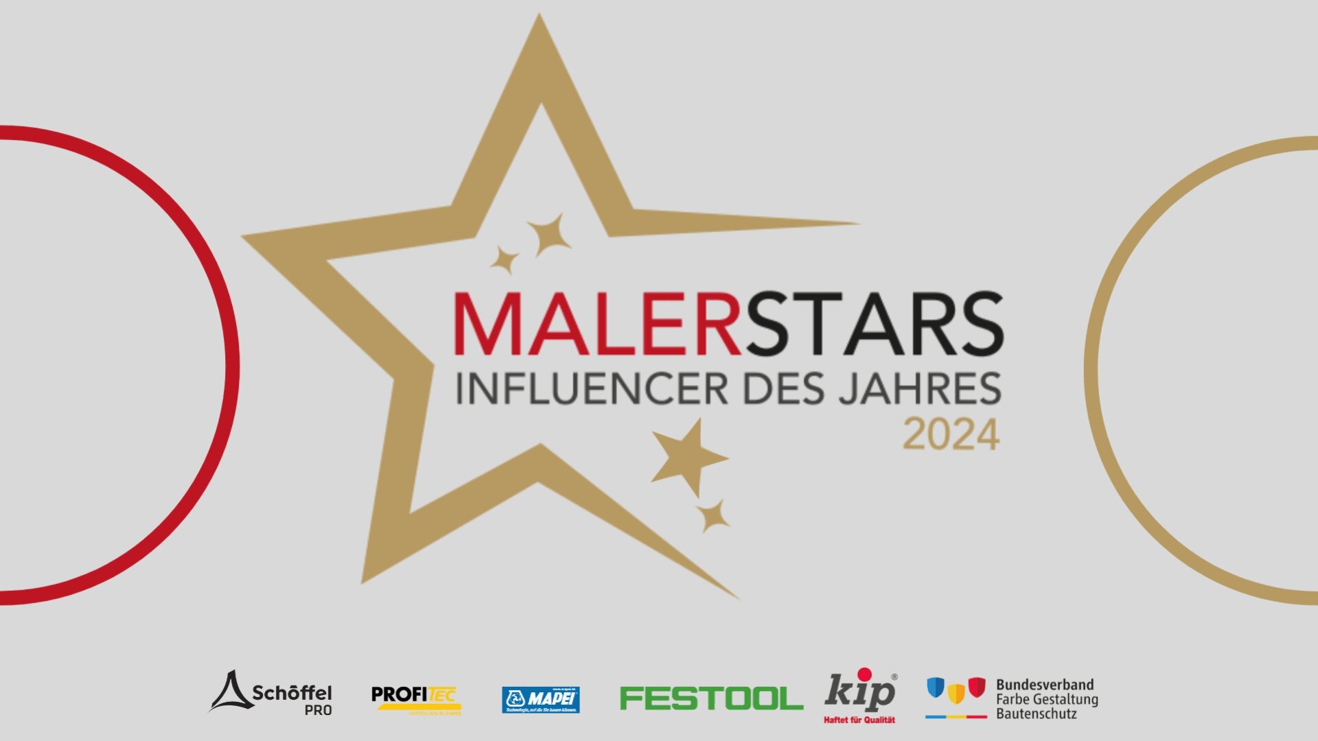 Logo für „MalerStars Influencer des Jahres 2024“ mit einem großen goldenen Stern und kleineren Sternen. Sponsorenlogos erscheinen unten auf hellem Hintergrund.