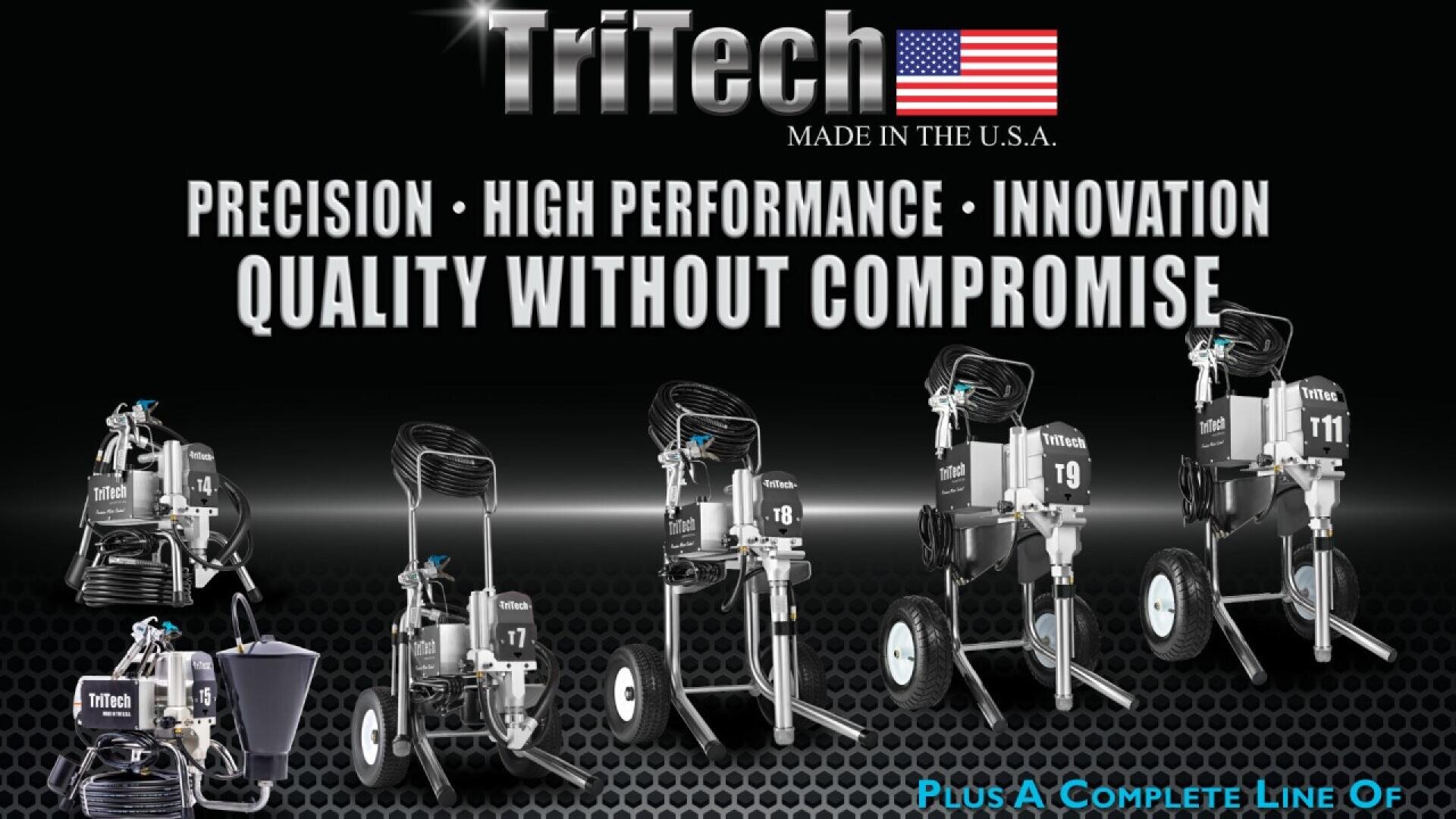 Eine Reihe von sechs TriTech-Farbspritzgeräten auf schwarzem Hintergrund mit dem TriTech-Logo, der amerikanischen Flagge und Slogans: Präzision • Hohe Leistung • Innovation • Qualität ohne Kompromisse.