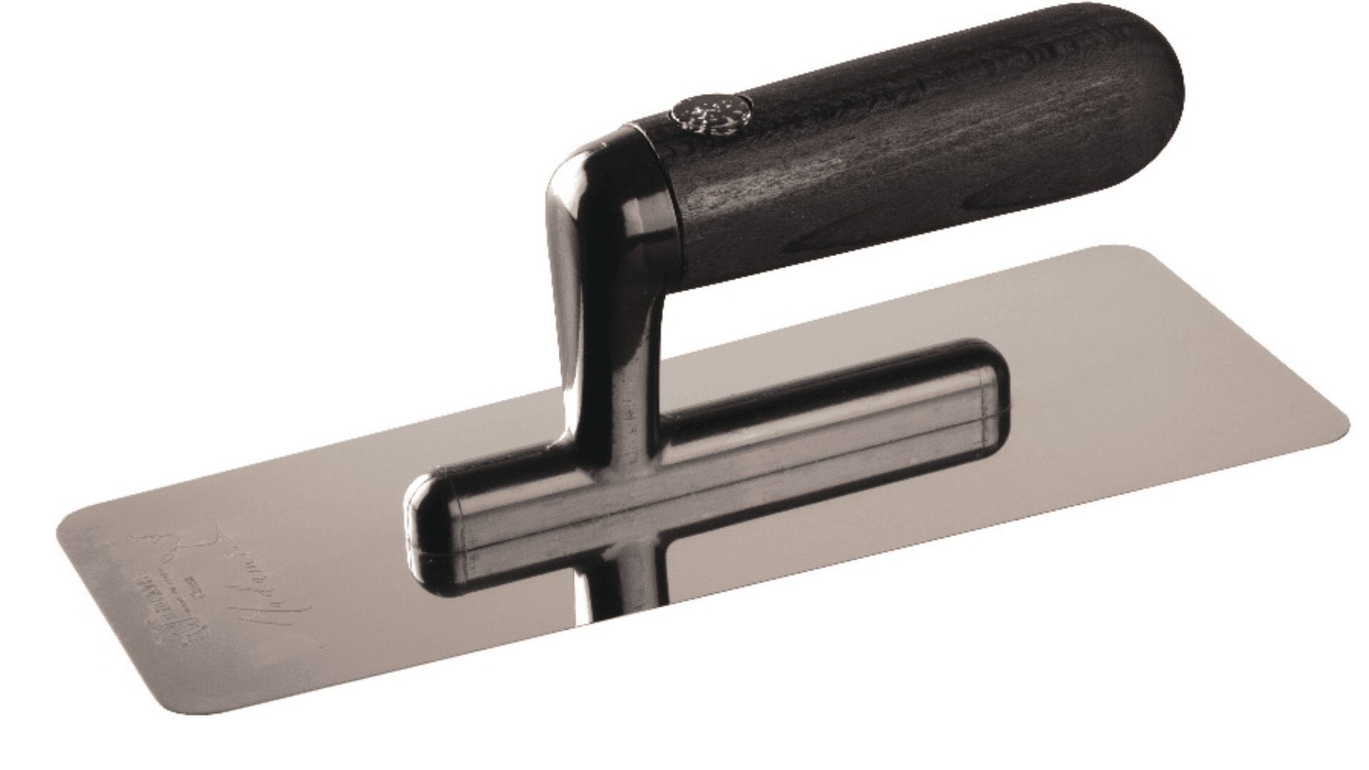 A rectangular steel trowel with a smooth, shiny blade and a dark wooden handle, commonly used for applying and smoothing plaster or concrete.