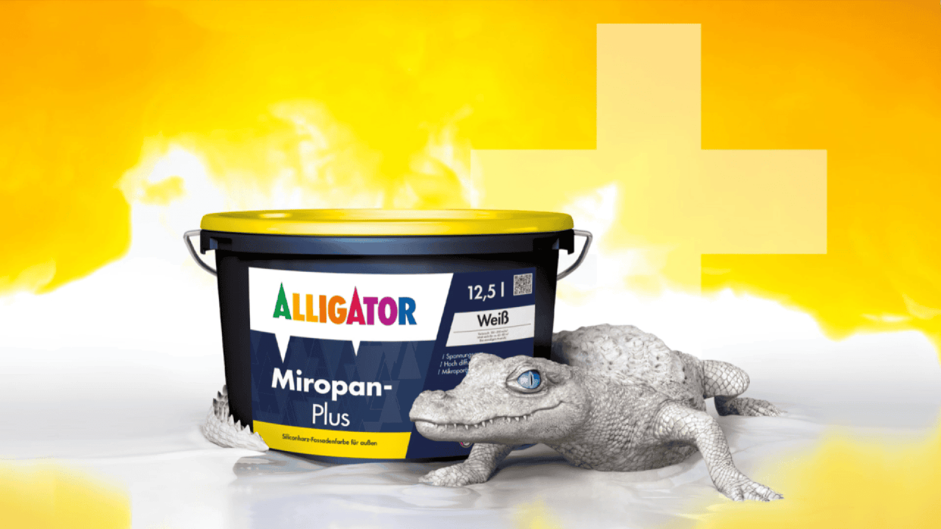 A white alligator lies next to a large paint bucket labeled Alligator Miropan-Plus with a yellow lid, set against a background of yellow and white, featuring a large yellow plus sign.