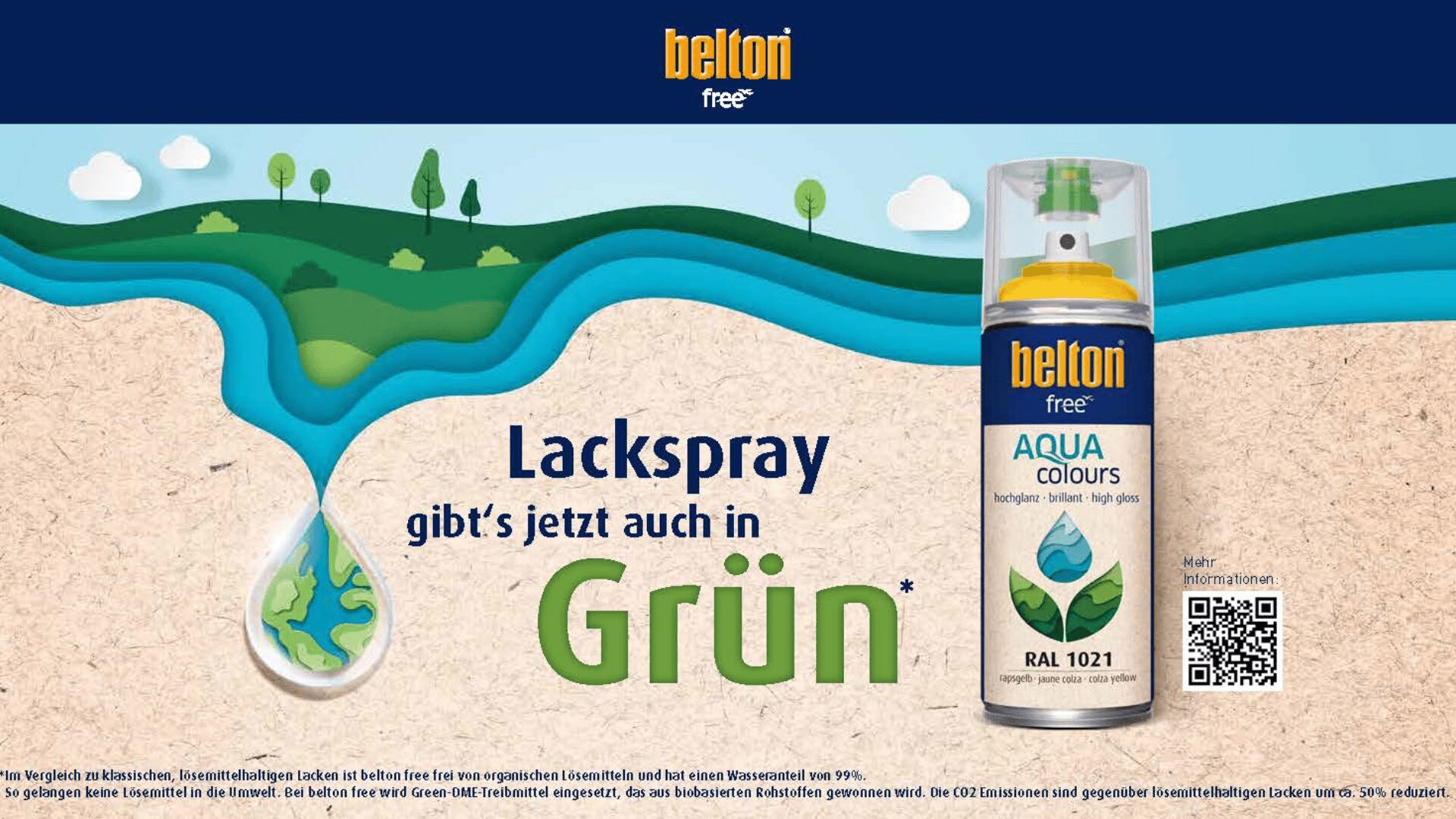 Eine Werbung für Beltons kostenlose Aqua Colours Sprühfarbe zeigt eine Dose mit gelbem Deckel. Im Hintergrund sind grüne Hügel, blaues Wasser und ein Wassertropfen mit einem Blatt darin zu sehen. Das Wort „Grün“ steht in großen Buchstaben darauf.