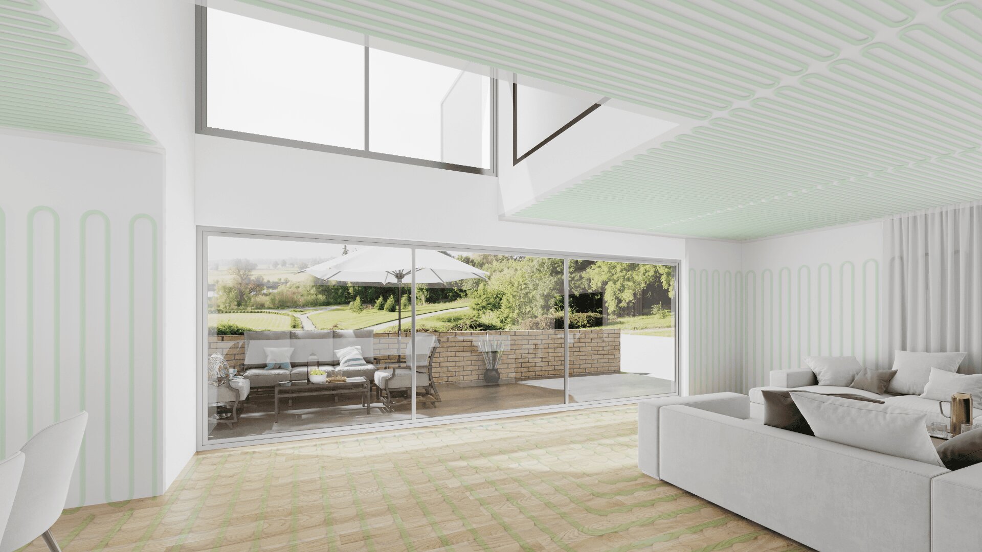 Ein modernes Wohnzimmer mit weißem und hellgrünem Dekor, großen Fenstern und Glasschiebetüren, die auf eine Terrasse mit Gartenmöbeln und einem Sonnenschirm mit Blick auf eine grüne Landschaft führen.