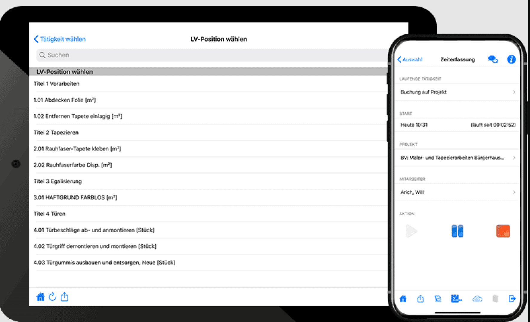 Auf einem Tablet und einem Smartphone werden unterschiedliche Bildschirme einer Projektmanagement- oder Zeiterfassungs-App angezeigt, auf denen Aufgabenlisten und ein detailliertes Eingabeformular mit Feldern für Zeit, Projekt und Kommentare angezeigt werden.