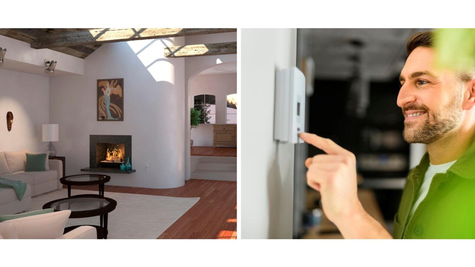 Split image: On the left, a sunlit living room with a fireplace and modern decor. On the right, a man smiles as he adjusts a wall-mounted thermostat.