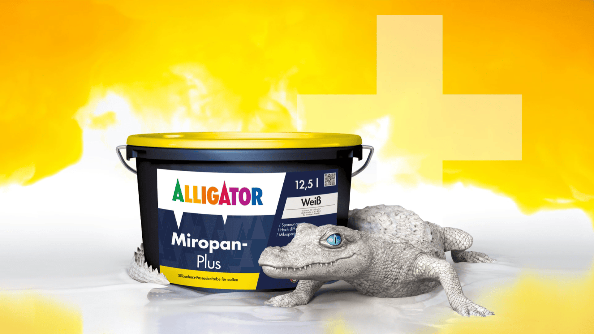 Ein weißer Alligator liegt neben einem Eimer Alligator Miropan-Plus-Farbe mit gelbem Deckel vor einem weiß-gelben Hintergrund mit einem großen gelben Pluszeichen.