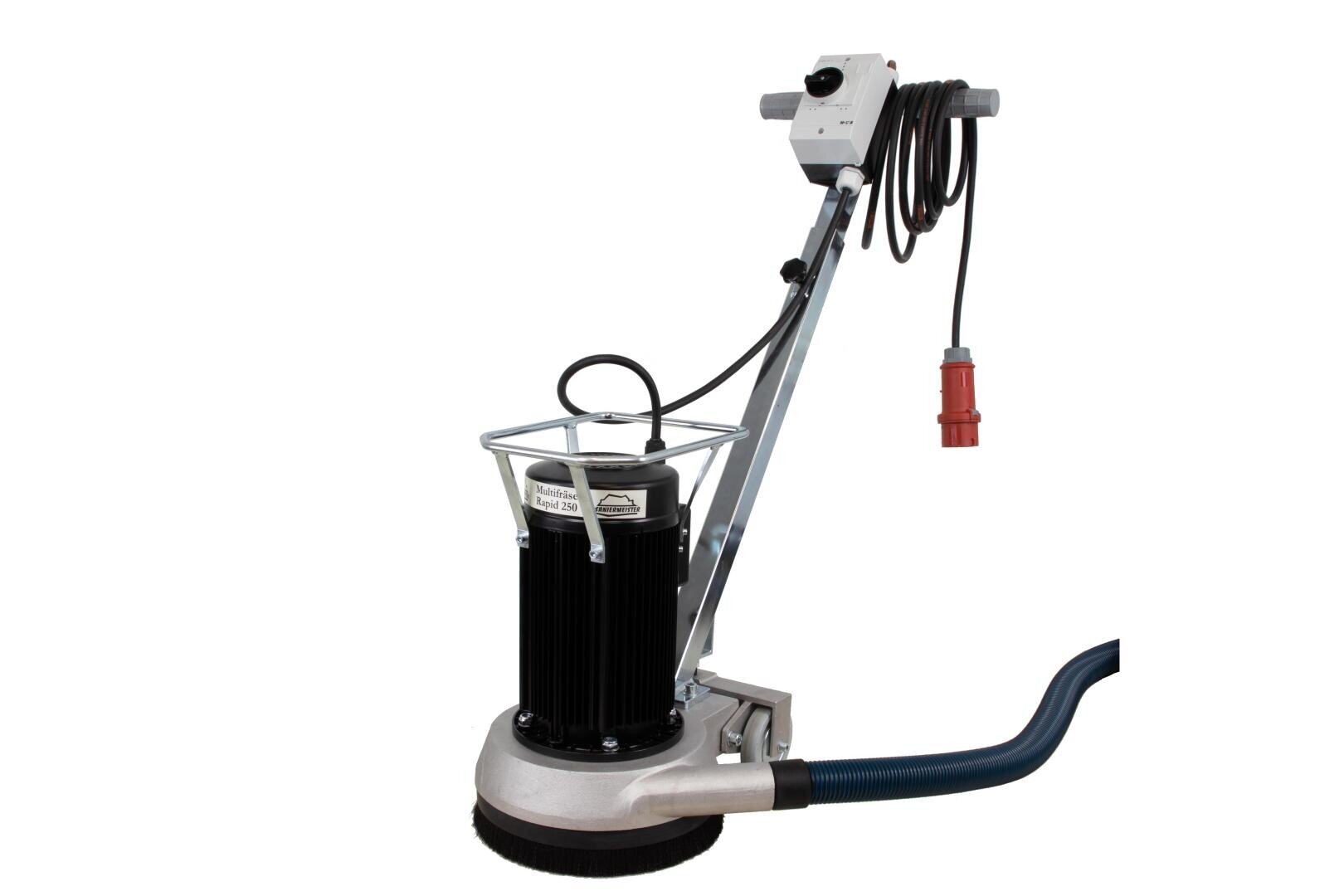 Eine Bodenreinigungsmaschine mit zylindrischem Motor, Griff, Netzkabel und Schlauchaufsatz zum Schrubben oder Polieren von Oberflächen. Die Maschine verfügt über eine Bürste an der Basis und einen schützenden Metallrahmen um den Motor.