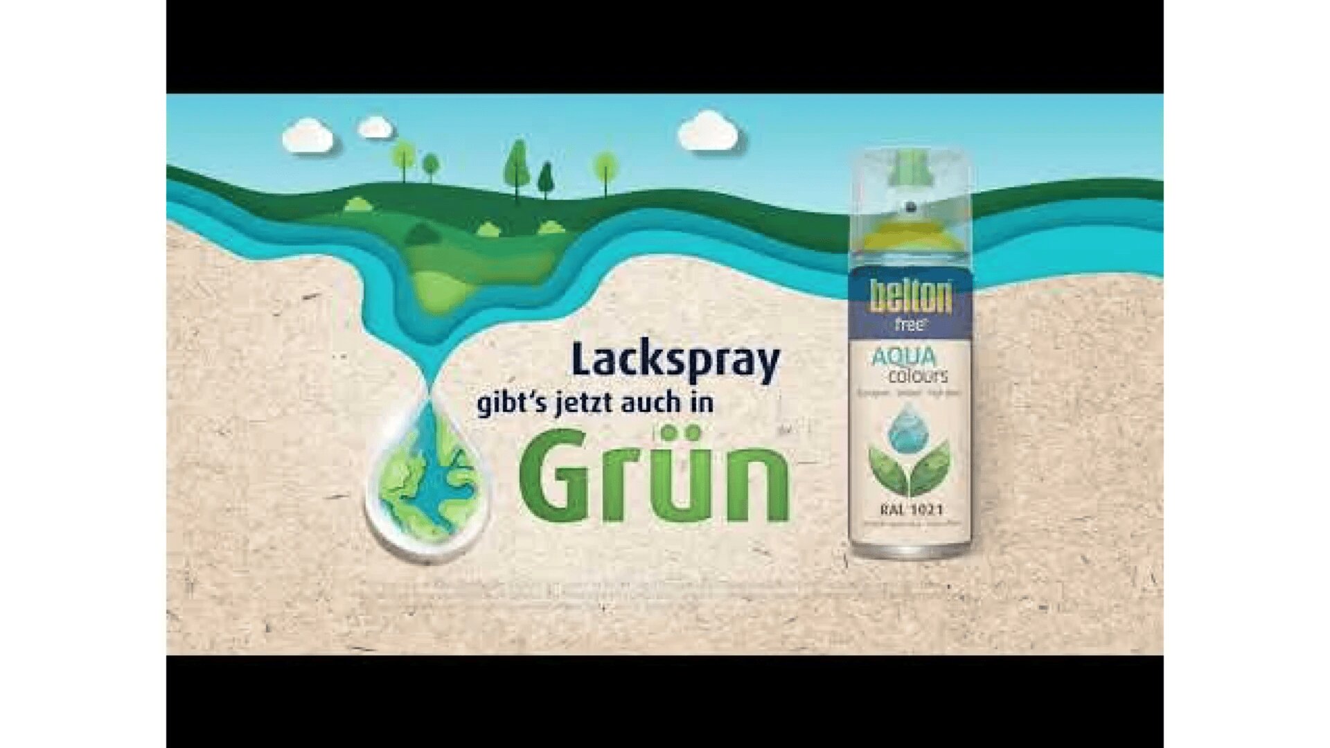 Advertisement for Belton spray paint in green, featuring a can of Belton AQUA colors next to text in German: Lackspray gibts jetzt auch in Grün. Background has a stylized landscape with trees and flowing water.