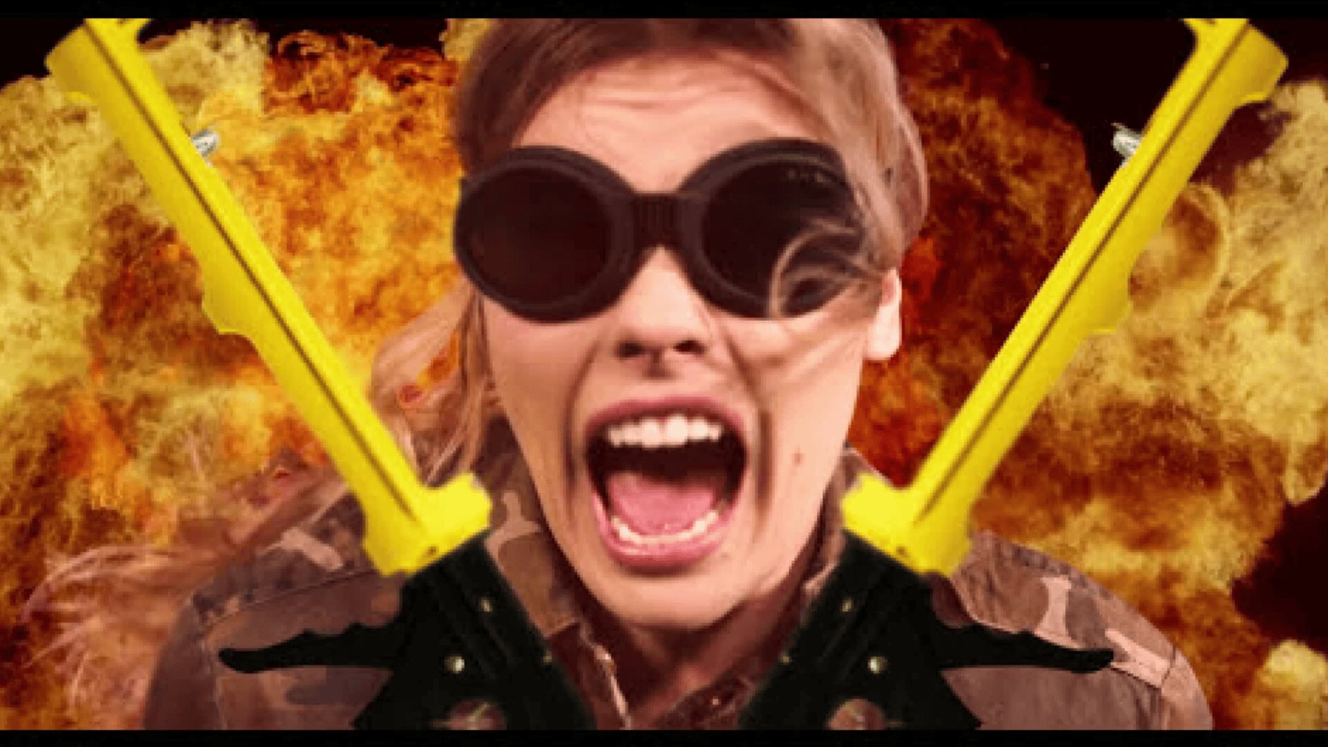 A person wearing dark goggles and camouflage clothing screams with an intense expression, while two yellow toy swords cross in front of them and an explosion of fire and smoke fills the background.