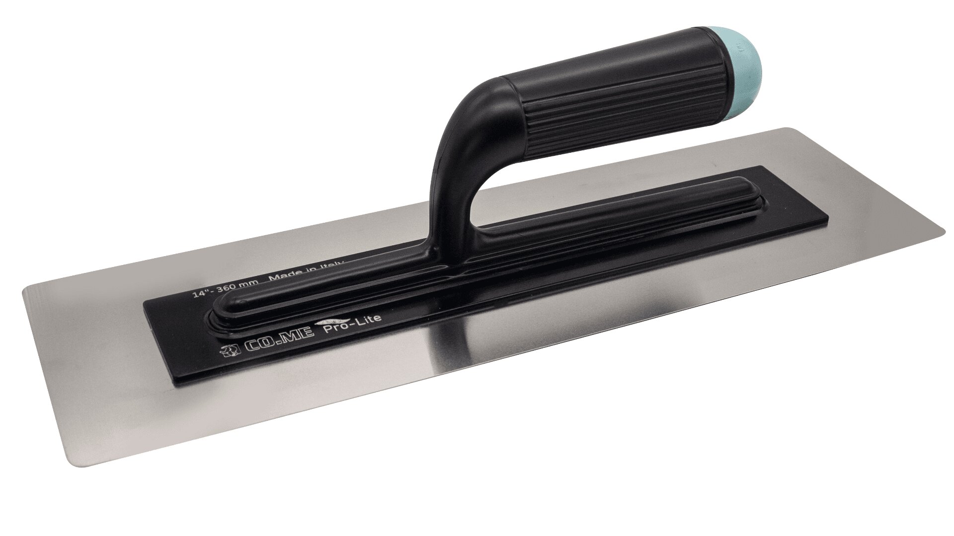 A rectangular metal plastering trowel with a black handle and a light blue end cap, designed for smoothing and finishing surfaces.