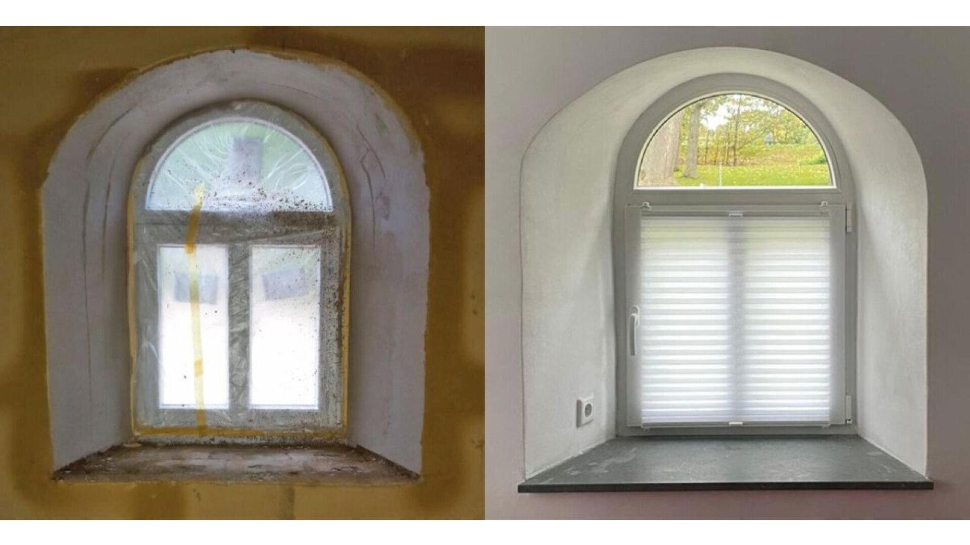 Side-by-side comparison of an arched window before and after renovation; the left side shows an old, stained window, while the right side shows a cleaned, modernized window with white blinds and a fresh sill.