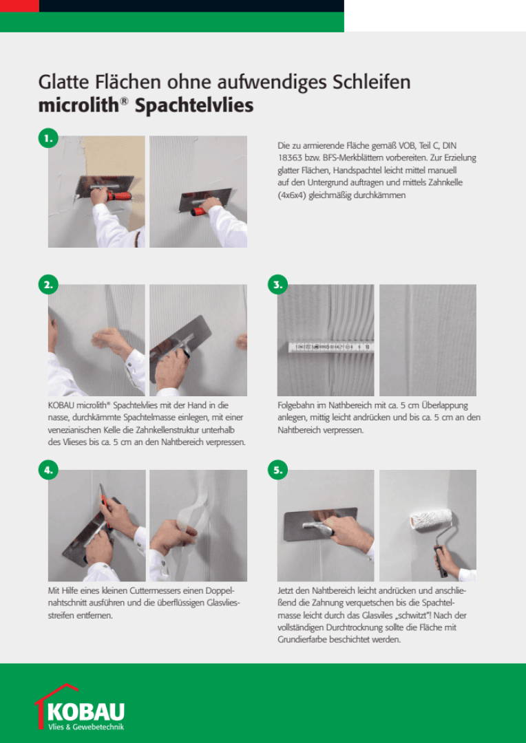 Eine deutsche Gebrauchsanweisung mit dem Titel „Glatte Flächen ohne aufwendiges Schleifen – microlith® Spachtelvlies“ zeigt anhand von vier Schritt-für-Schritt-Fotos, wie man eine Wandfläche mit einem Spachtel aufträgt und glättet.