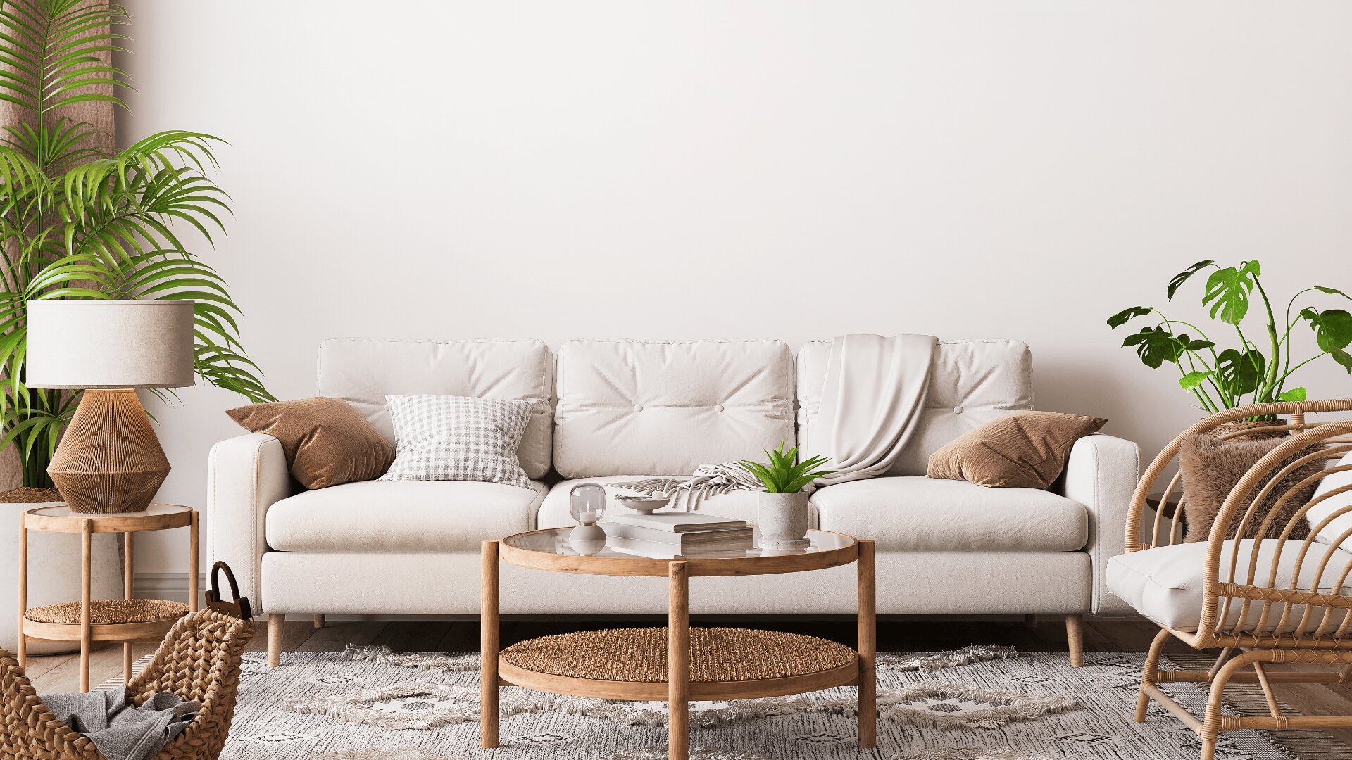 Ein gemütliches Wohnzimmer mit einem weißen Sofa, braunen und weißen Kissen, Couchtischen aus Holz, einem geflochtenen Stuhl, Zimmerpflanzen, einer Lampe und neutralem Dekor in einer hellen, luftigen Umgebung.