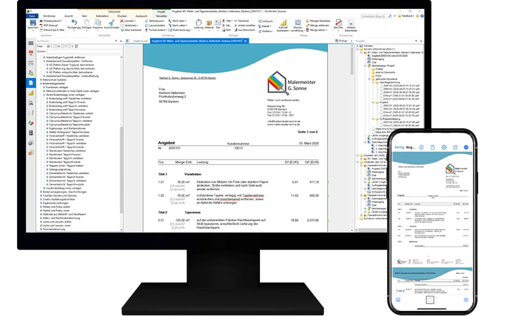 Auf einem Computermonitor und einem Smartphone wird eine Dokumentbearbeitungssoftware mit einer geöffneten professionellen Rechnung angezeigt. Auf beiden Geräten werden Unternehmensdetails, Tabellen und Dateiverzeichnisfelder angezeigt.