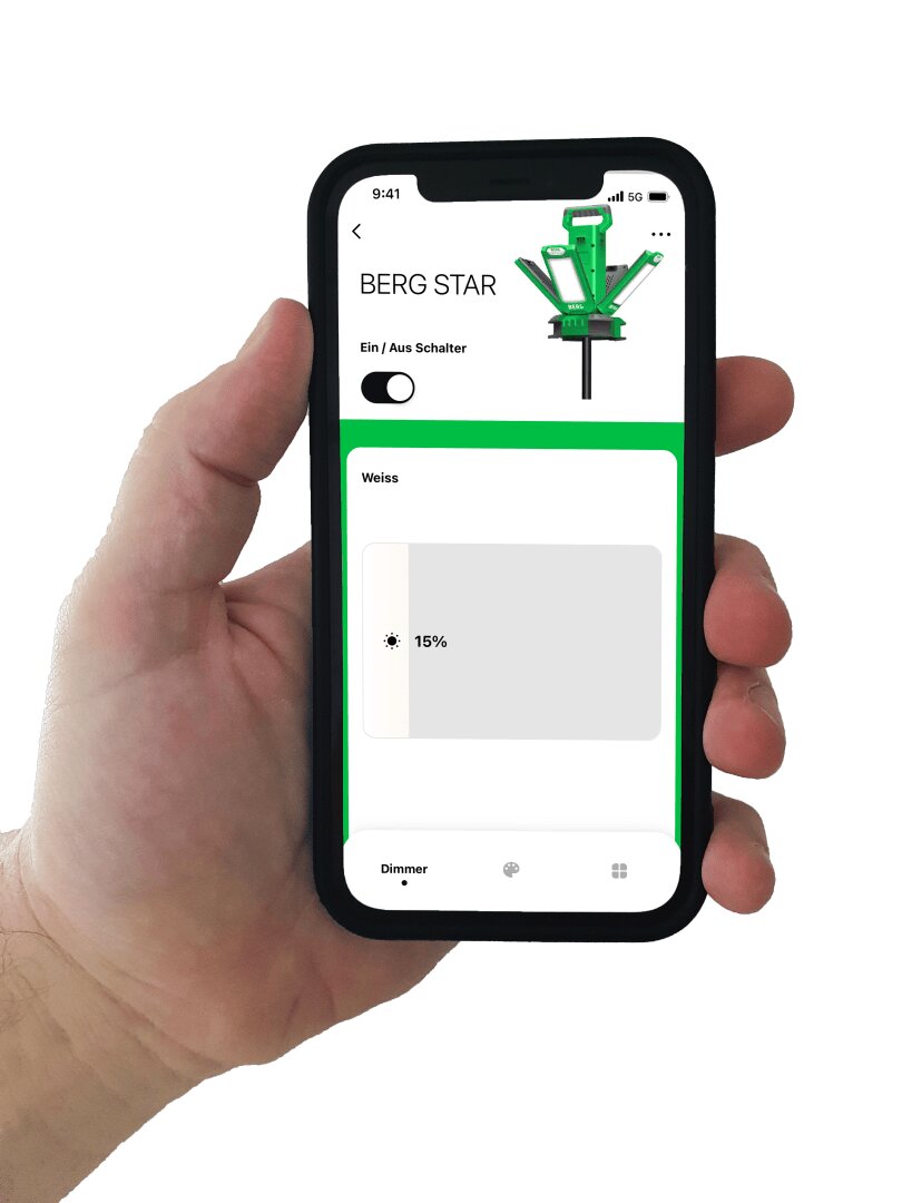 A hand holds a smartphone displaying an app screen with a green device illustration, labeled BERG STAR. The app shows a toggle switch, a brightness setting at 15%, and dimmer control options.