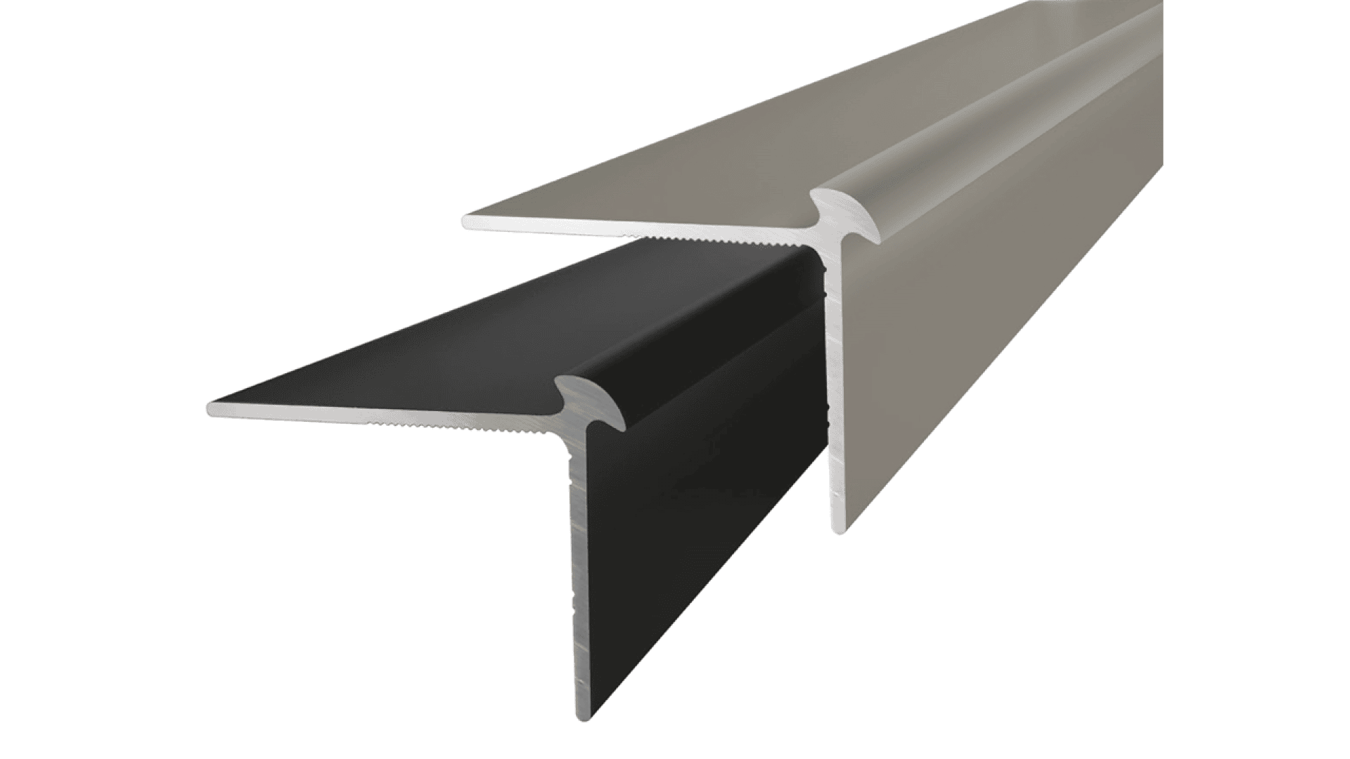 Zwei sich kreuzende T-förmige Metallprofile, eines silberfarben und eines schwarz, werden vor einem weißen Hintergrund dargestellt, um ihre Struktur und Verbindung zu veranschaulichen.