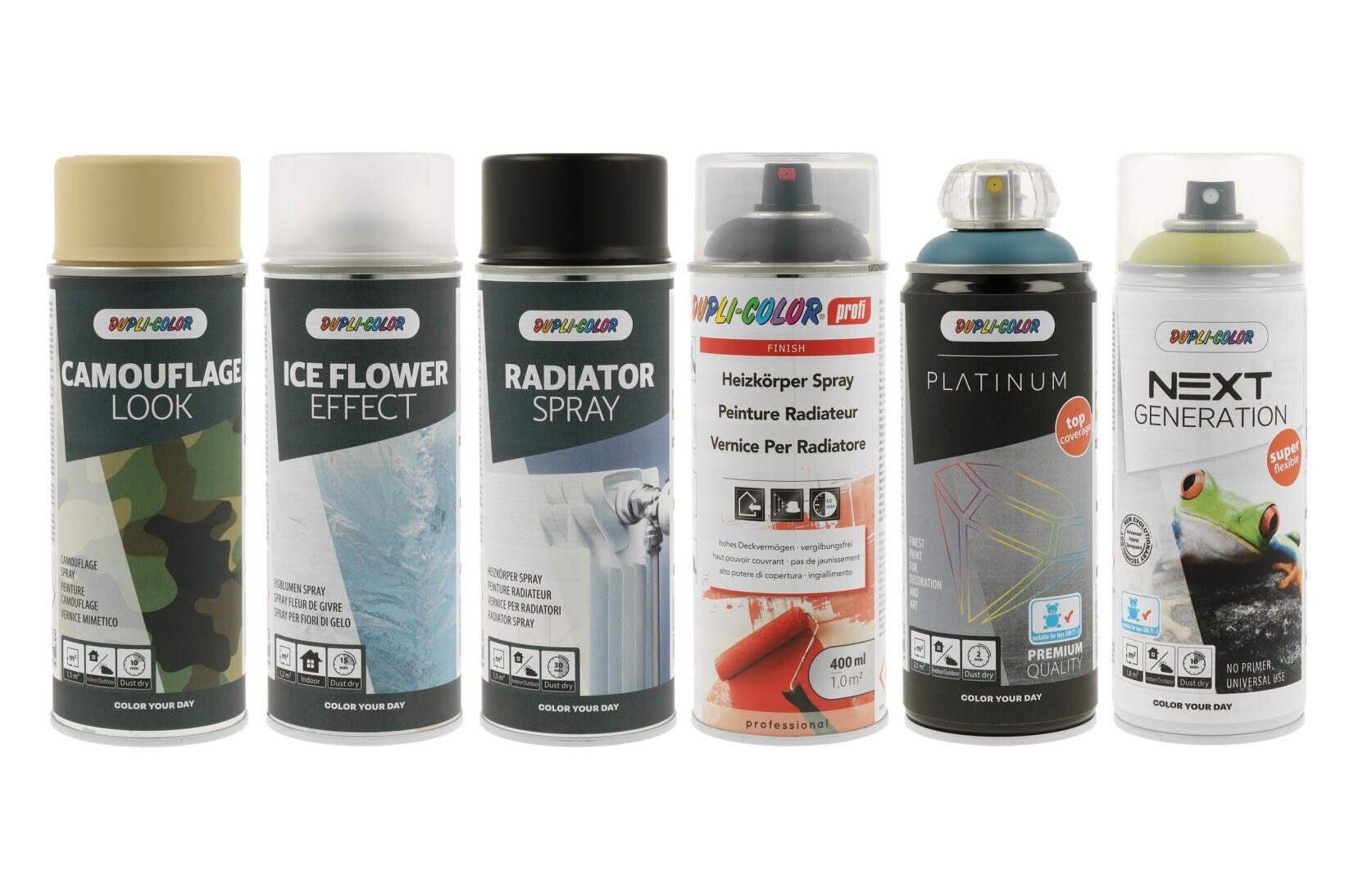 Sechs Dosen DUPLI-COLOR Sprühlack stehen aufgereiht, jede mit unterschiedlichen Effekten beschriftet: Camouflage-Look, Eisblumen-Effekt, Heizkörper-Spray, Heizkörper-Spray, Platinum und Next Generation.