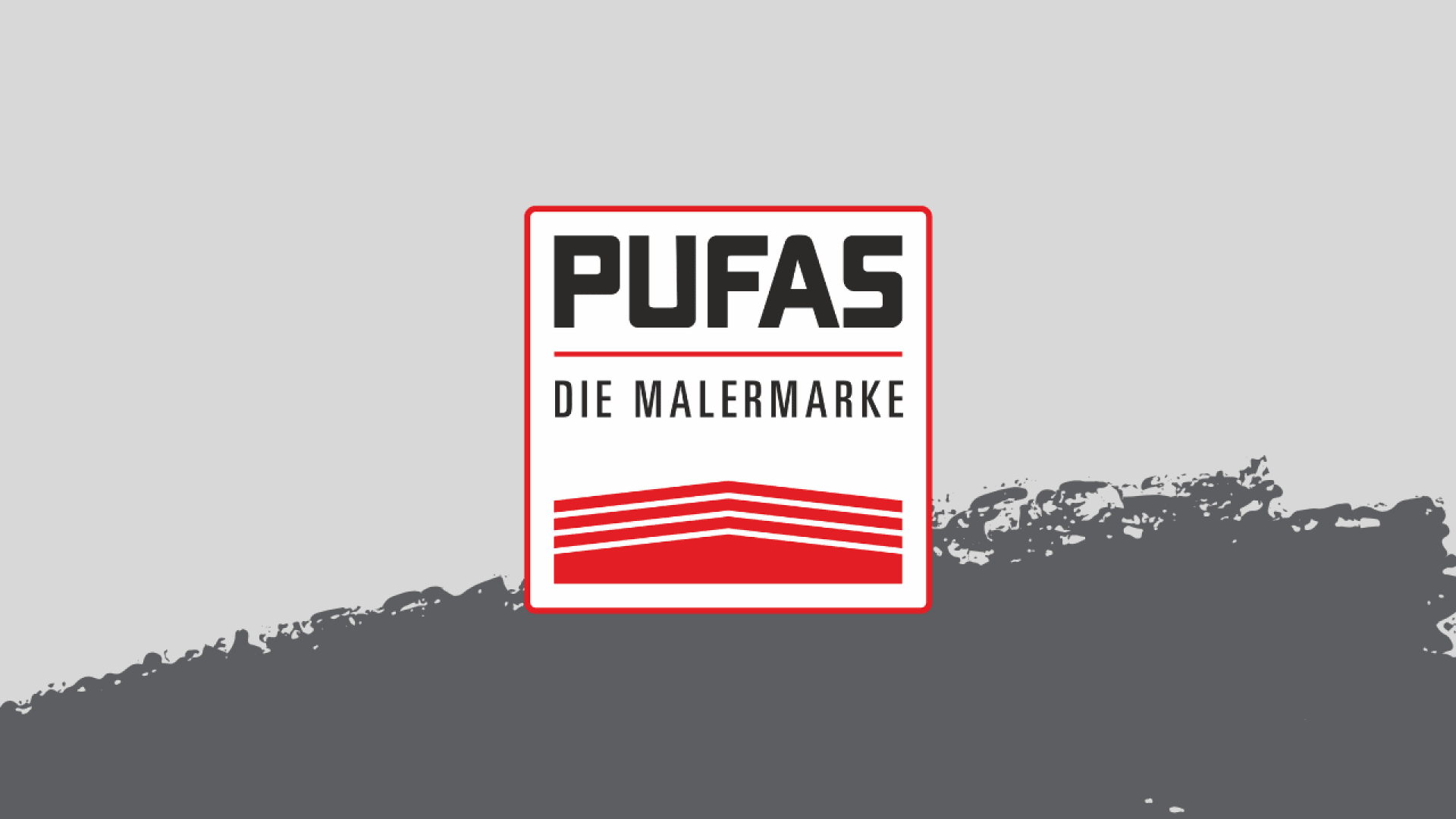 Logo für PUFAS Die Malermarke mit fettem schwarzen Text in einem rot umrandeten Quadrat, vor einem Hintergrund mit hellgrauer Oberseite und einem dunkelgrauen Farbstreifen an der Unterseite.