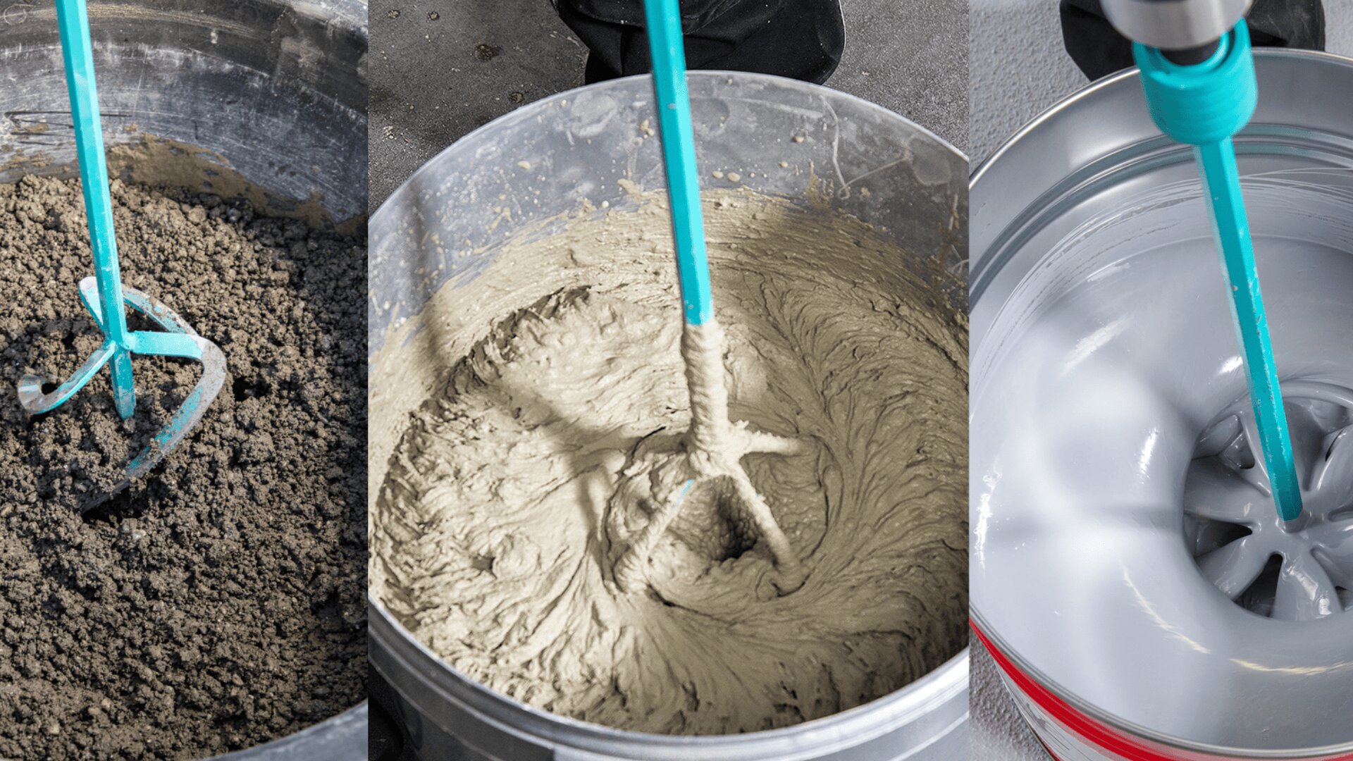 Drei nebeneinander stehende Bilder zeigen ein Mischwerkzeug, das verschiedene Substanzen vermischt: trockene Betonmischung, dicken nassen Beton und glatte weiße Farbe in separaten Behältern.