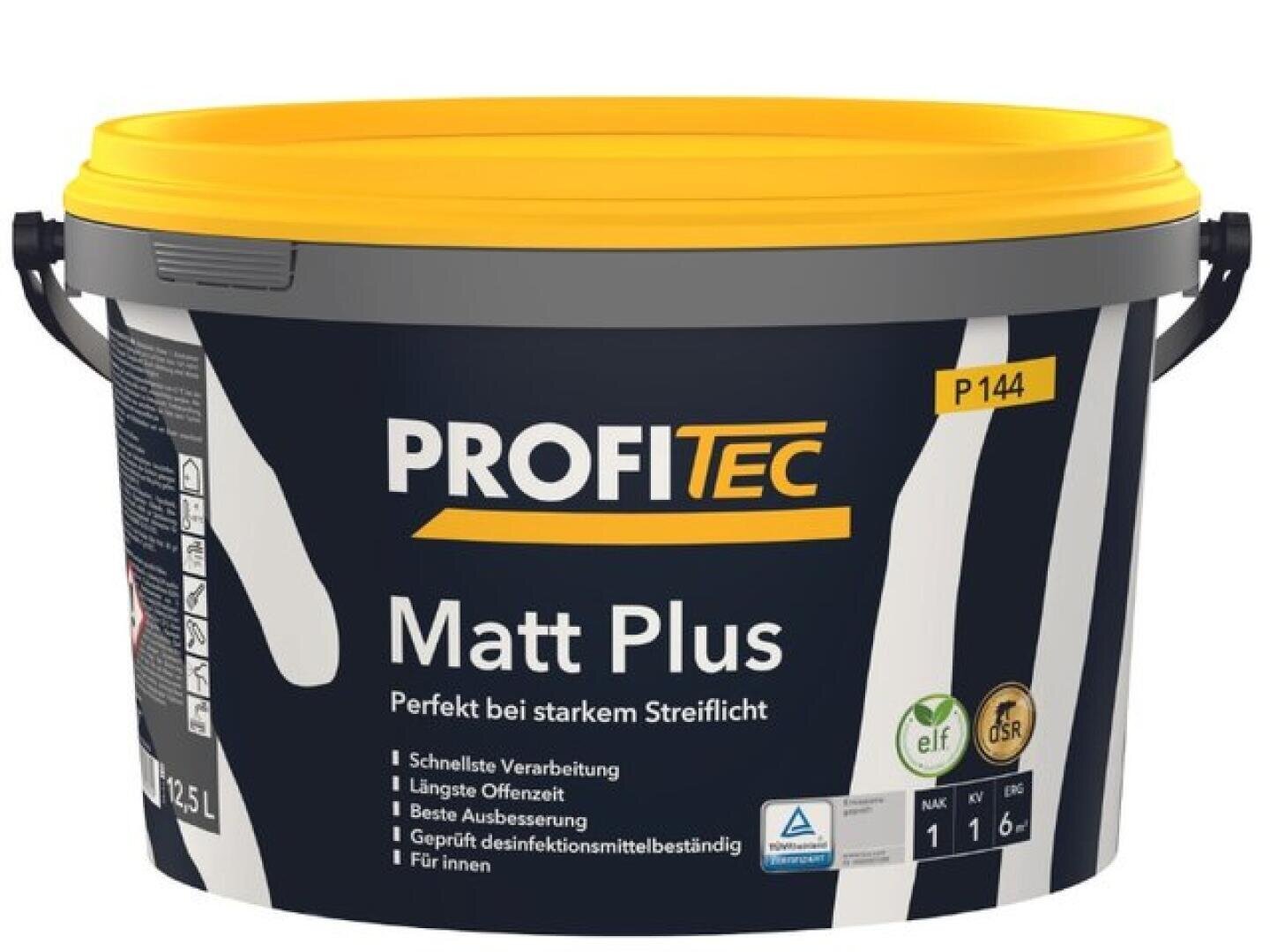 Ein schwarz-gelber Kunststoff-Farbeimer mit der Aufschrift „PROFITEC Matt Plus“ mit deutschem Text und Symbolen, die auf Eigenschaften wie schnelle Verarbeitung, hohe Deckkraft und Eignung für Innenräume hinweisen. Der Eimer hat einen gelben Deckel und einen schwarzen Tragegriff.
