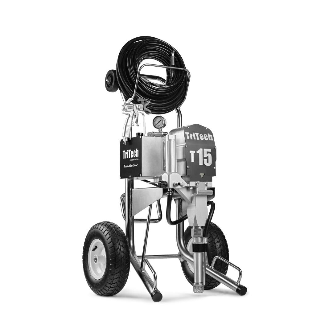 A TriTech T15 airless paint sprayer stands upright on two large wheels, with a coiled hose attached at the top and a sturdy metal frame for support.