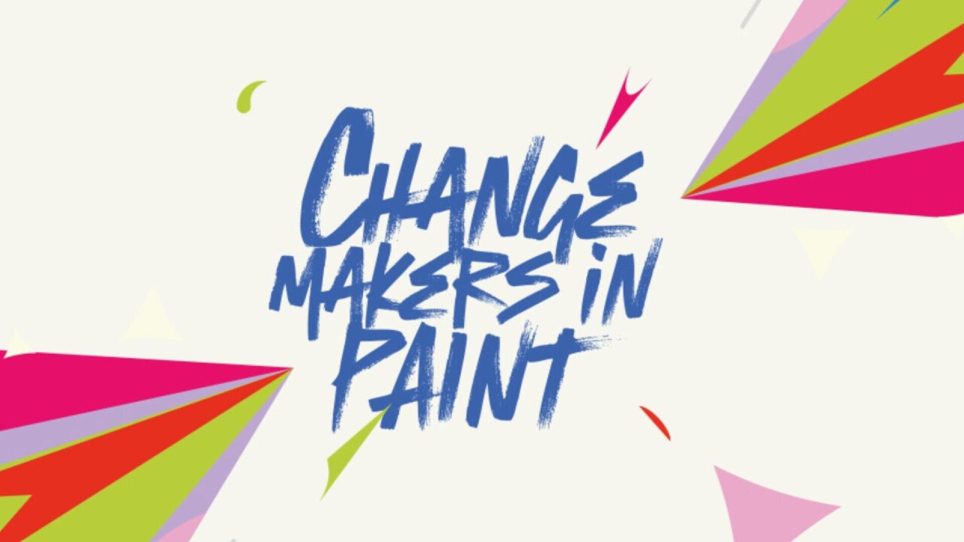 Blue text reading Change Makers in Paint is centered on a light background, surrounded by colorful, angular shapes in pink, green, red, and purple, creating a dynamic, creative look.