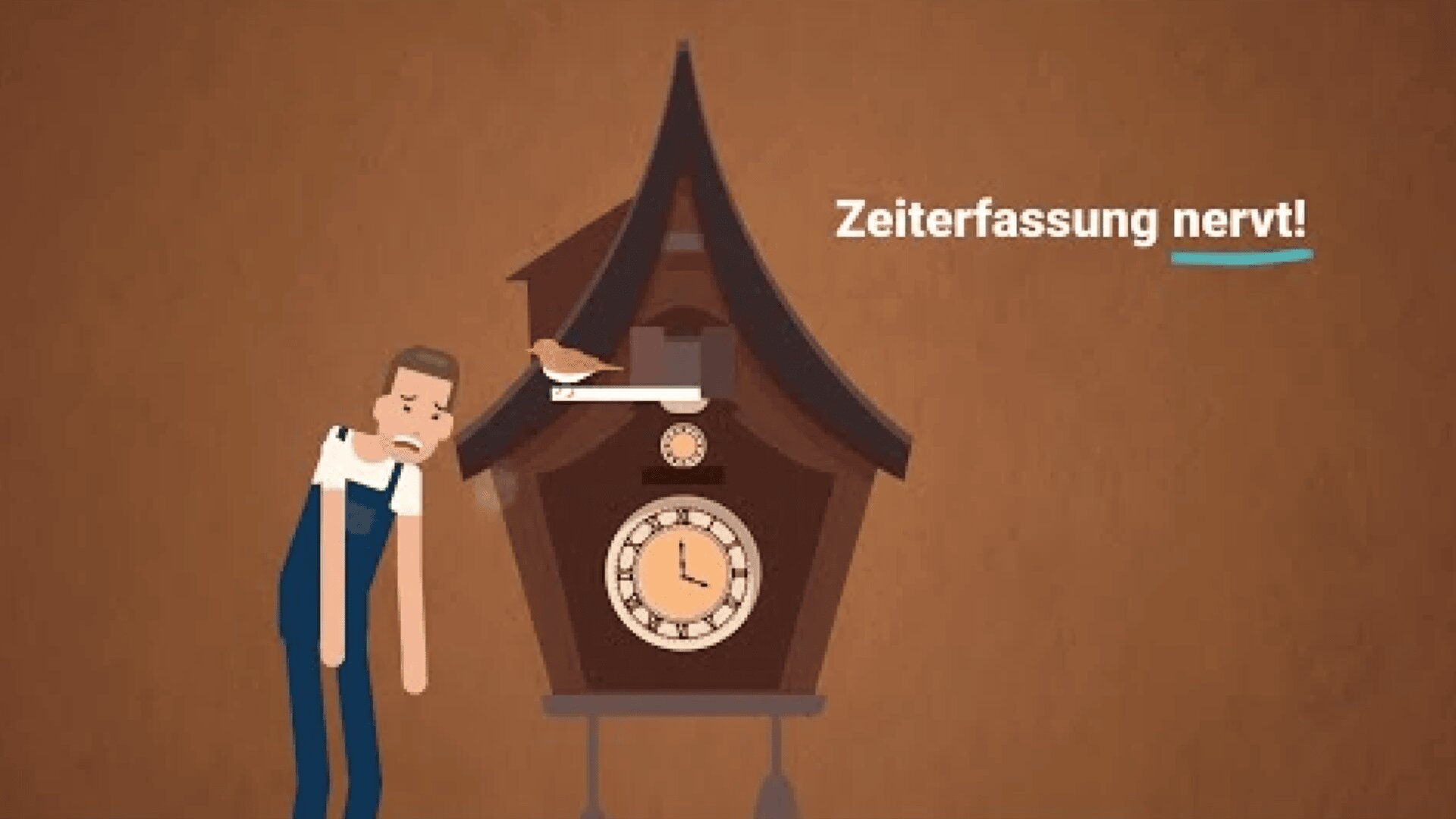 Karikatur eines müden Mannes im Arbeitsoverall, der an einer großen Kuckucksuhr lehnt. Der deutsche Text lautet: „Zeiterfassung nervt!“.