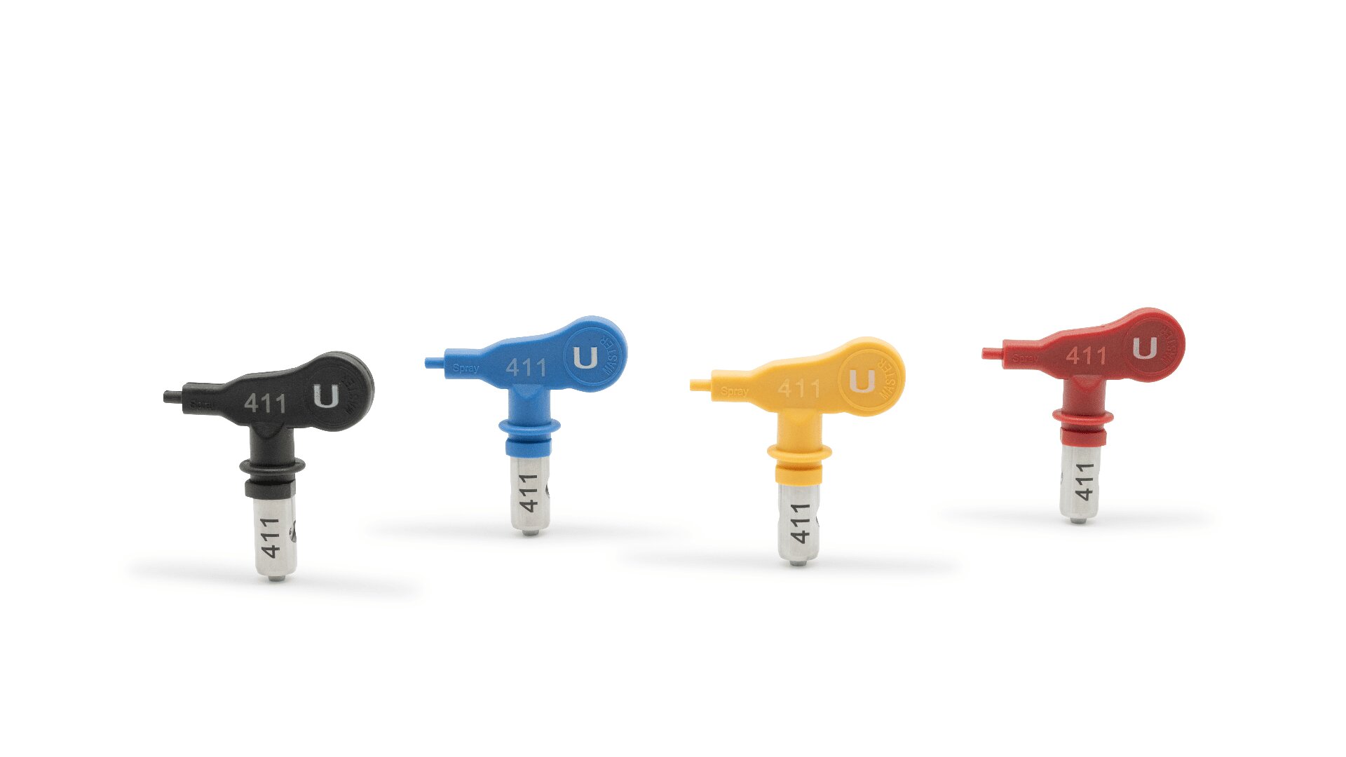 Vier Insulin-Pen-Nadeln in Schwarz, Blau, Gelb und Rot, jeweils mit der Aufschrift 411 U, stehen aufrecht in einer Reihe auf weißem Hintergrund.
