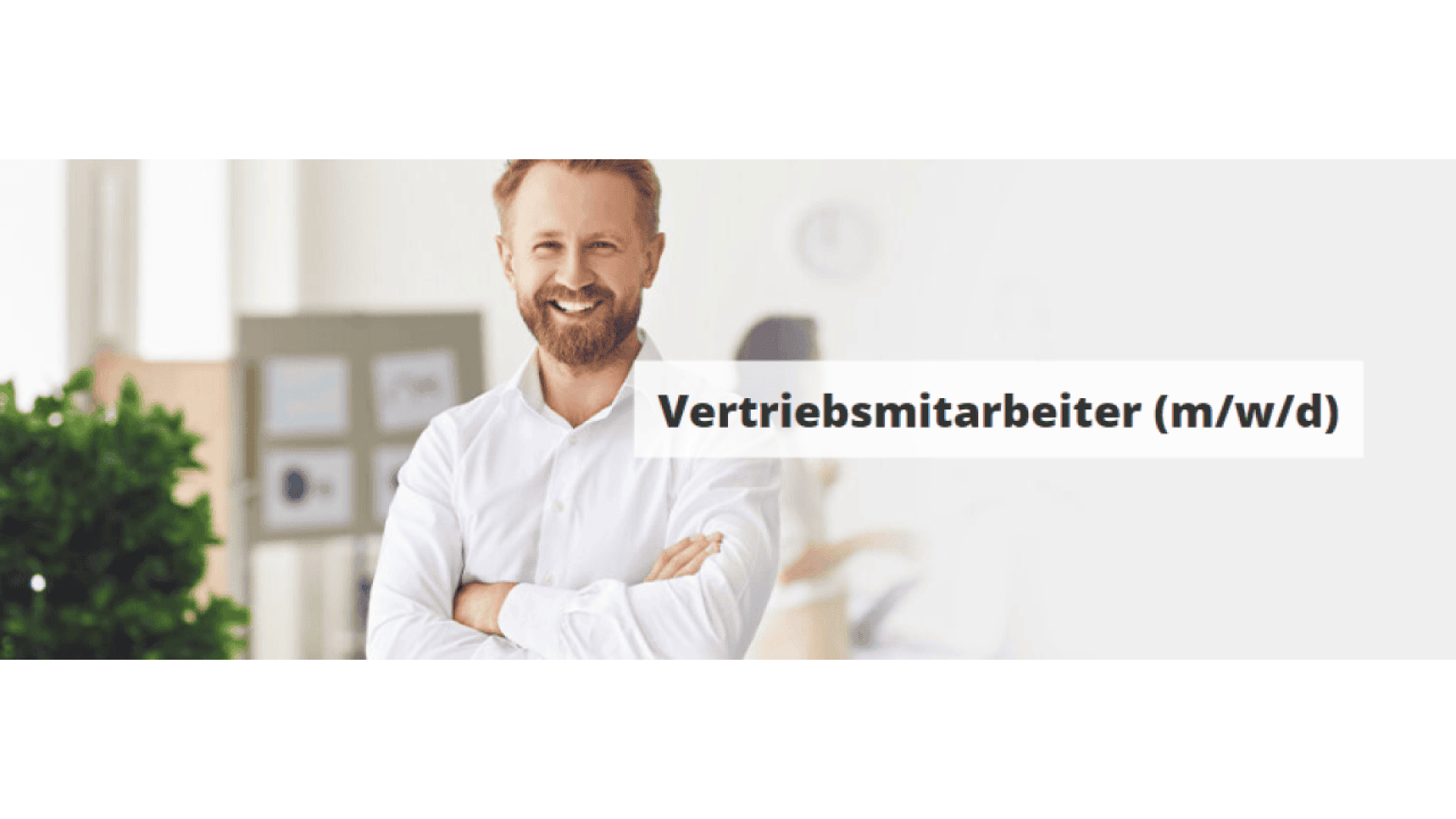 A smiling man with a beard stands with arms crossed in a bright office. Next to him is the text Vertriebsmitarbeiter (m/w/d) in bold letters.