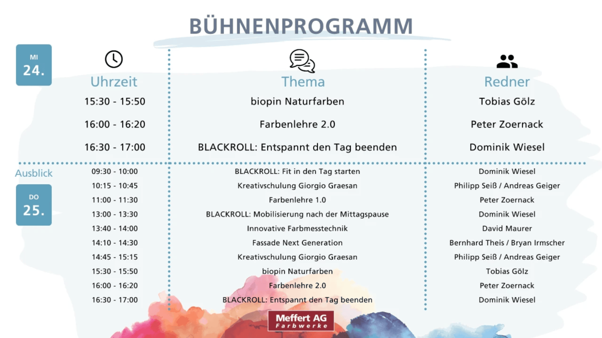 Bühnenprogramm für den 24. Mai mit Uhrzeiten, Themen (z. B. Naturfarben und Entspannung mit BLACKROLL) und Referenten auf pastellfarbenem Aquarellhintergrund. Eingeteilt in Zeitfenster von 13:50 bis 17:00 Uhr.