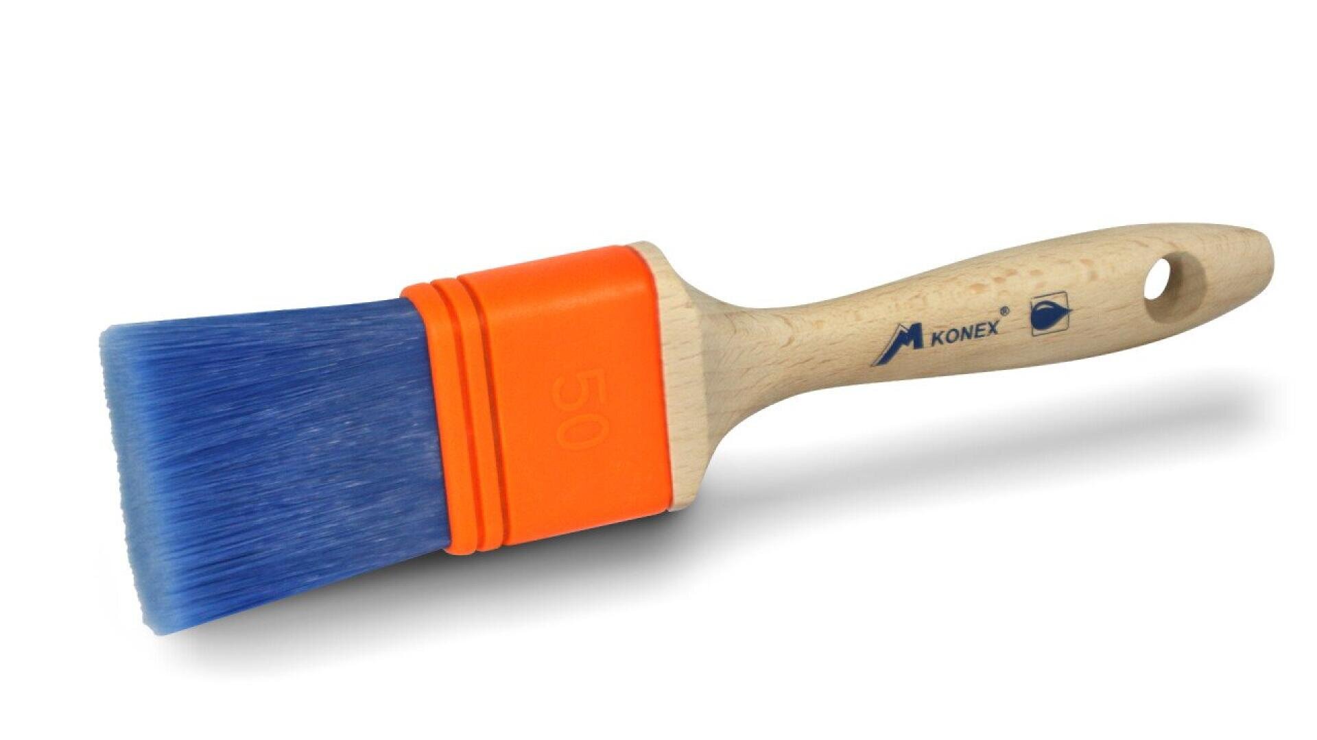 A paintbrush with blue bristles, an orange ferrule, and a wooden handle featuring the Konex brand logo and a hole at the end for hanging.