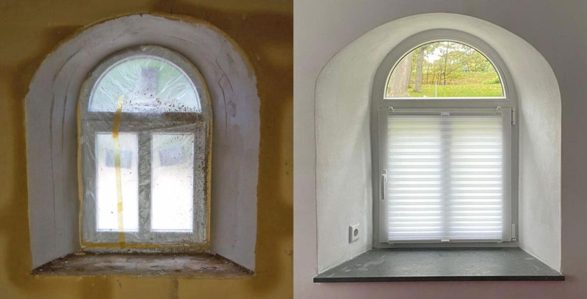 Nebeneinanderstellung eines kleinen Bogenfensters vor und nach der Renovierung. Links ist ein schmutziges, unbehandeltes Fenster zu sehen; rechts ein sauberes, behandeltes Fenster mit Rollo und frischem weißen Rahmen.