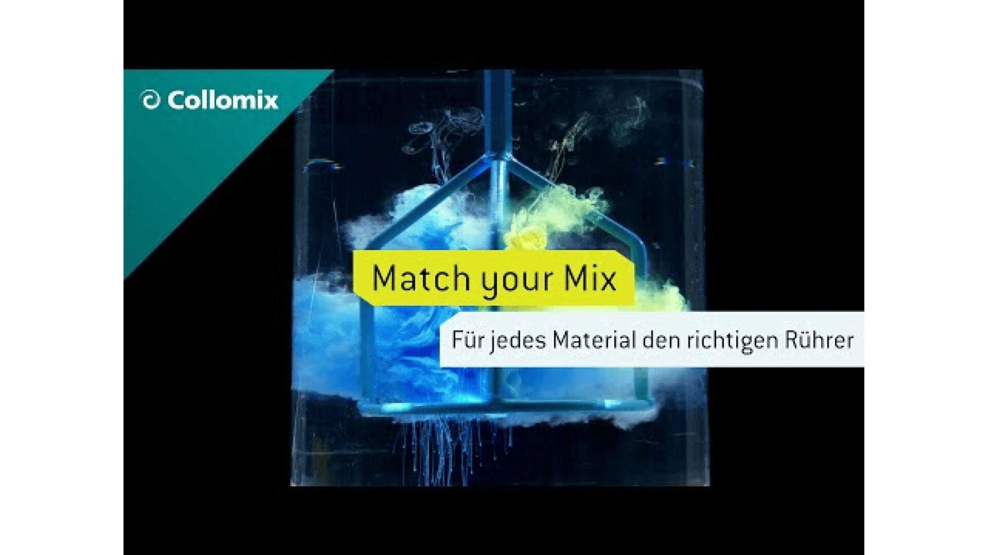 A blue and yellow mixer stirs colored liquids in a glass container. Overlaid text reads “Match your Mix” and “Für jedes Material den richtigen Rührer.” Collomix logo appears in the top left corner.