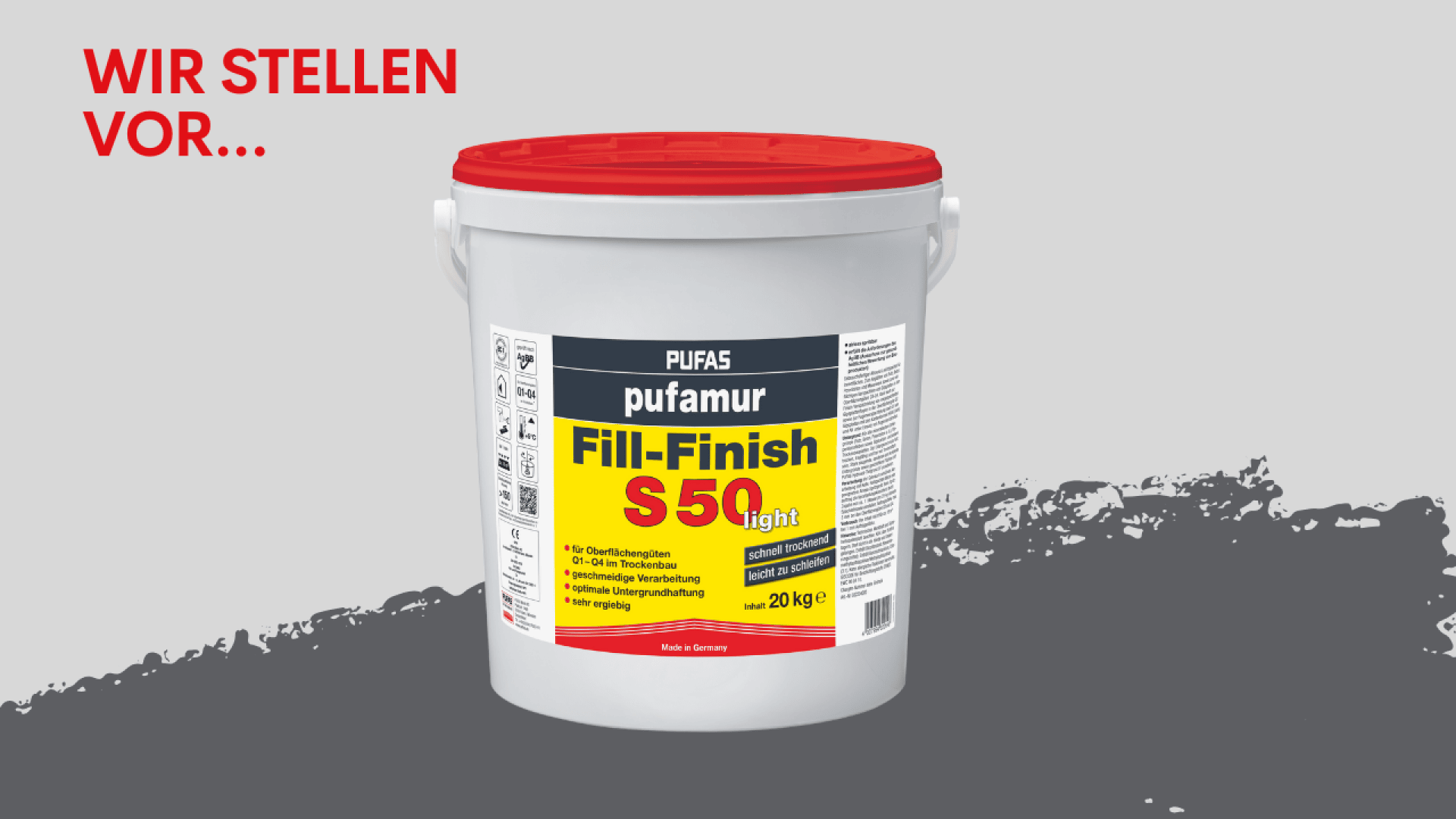 Auf grauem Untergrund steht eine weiße Kunststoffdose mit rotem Deckel und der Aufschrift „PUFAS Fill-Finish S50 light“. Oben links steht in roter Schrift „WIR STELLEN VOR…“.