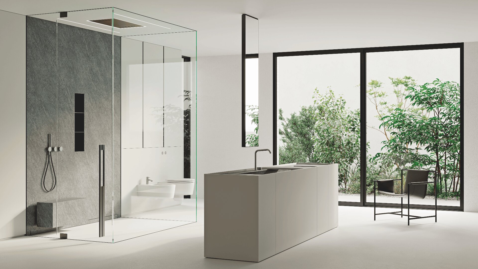 Minimalistisches Badezimmer mit einer Duschkabine aus Glas, einer modernen Waschinsel, eleganten Armaturen, großen Fenstern und viel natürlichem Licht; vor den Fenstern ist Grün zu sehen.