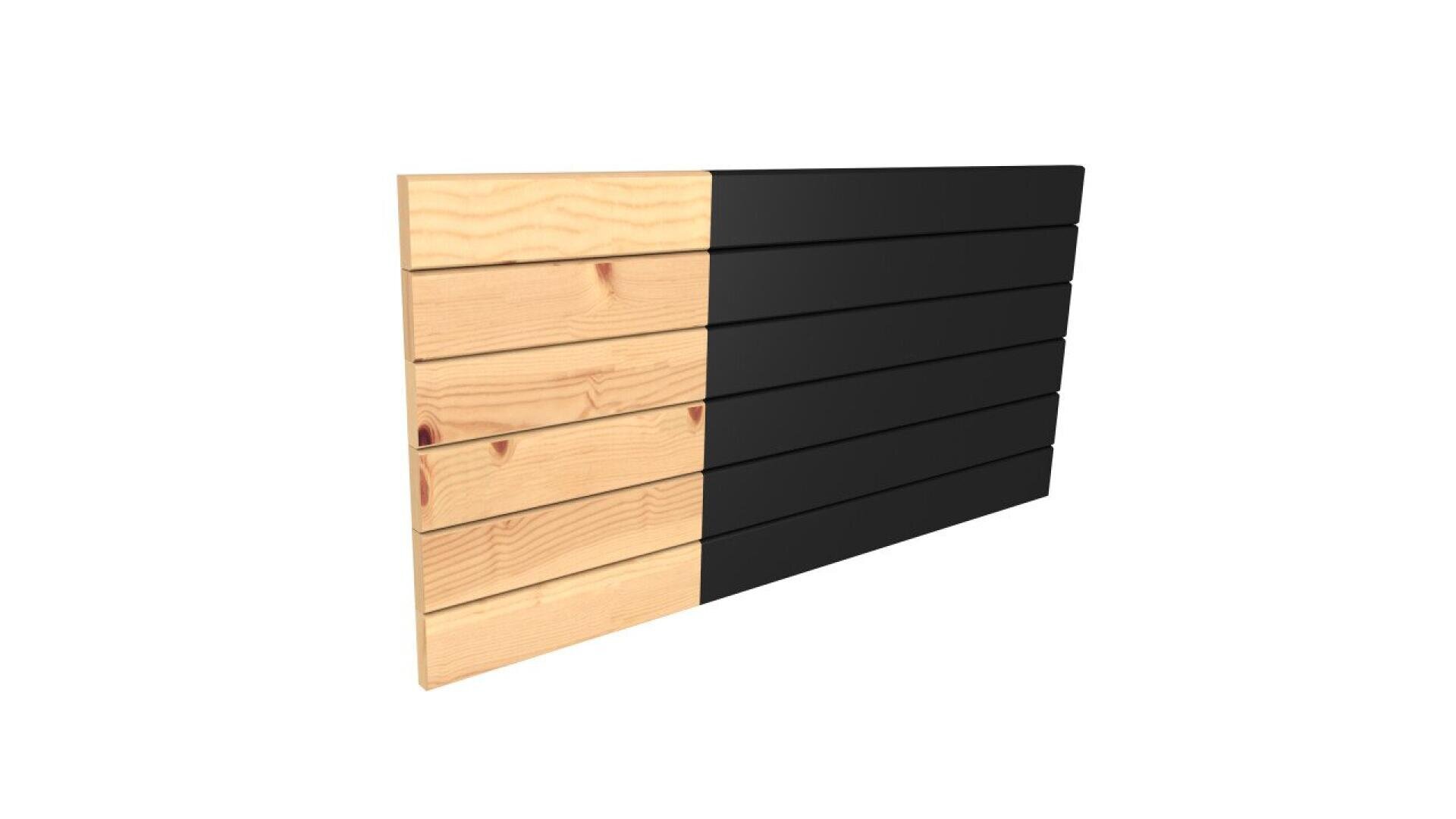 A panel made of horizontal wooden planks, with the left half showing natural wood and the right half painted black, set against a white background.