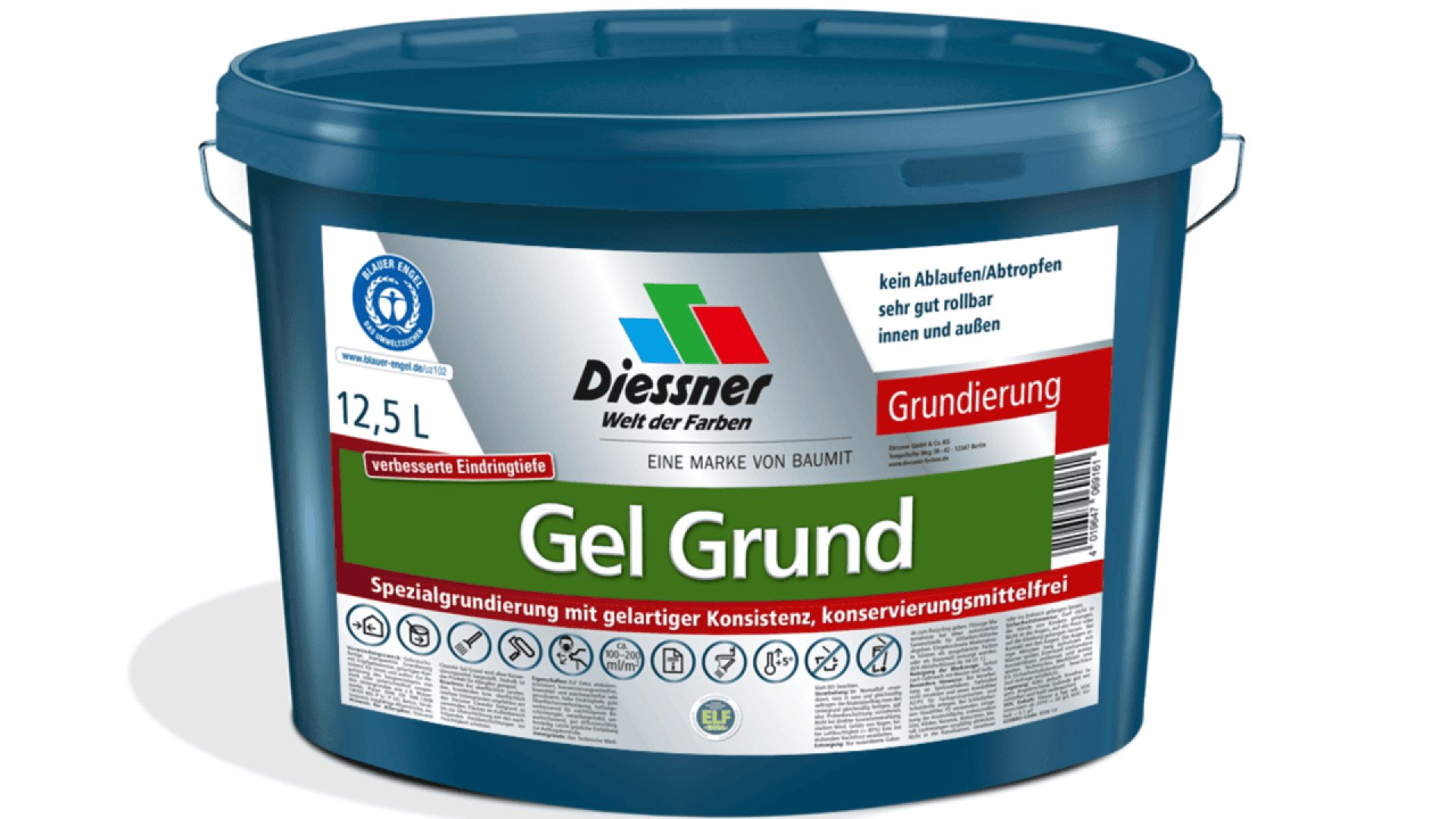 A blue plastic bucket labeled Diessner Gel Grund with a red and white label, containing 12.5 liters of gel primer. The bucket features product details and icons in German.