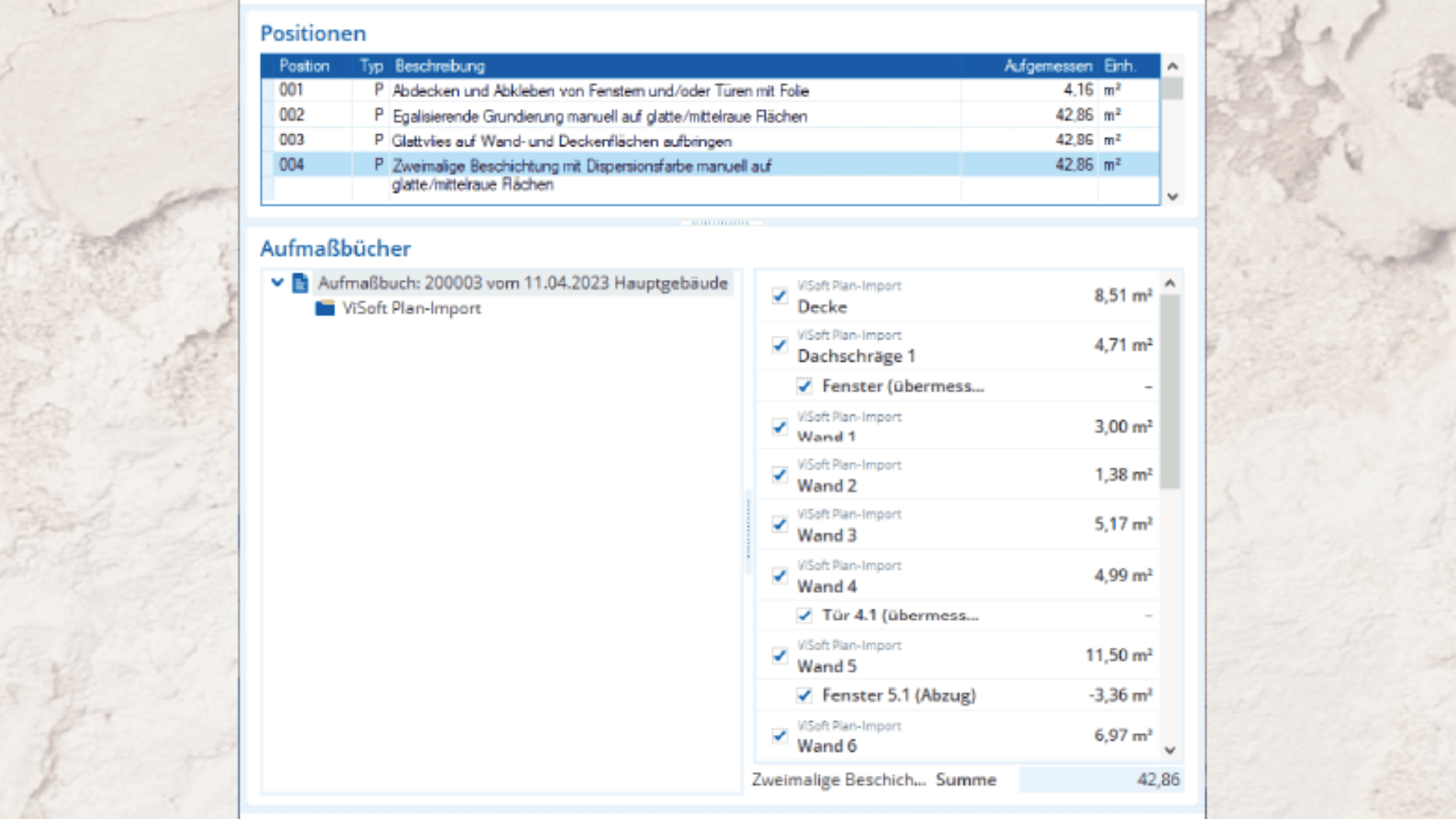 Ein Screenshot der Benutzeroberfläche einer Bau- oder Renovierungssoftware zeigt Aufgaben- und Aufmaßlisten auf Deutsch mit detaillierten Angaben zu Elementen, Beschreibungen und entsprechenden Mengen oder Flächen, mit hervorgehobenen Abschnitten und numerischen Werten.