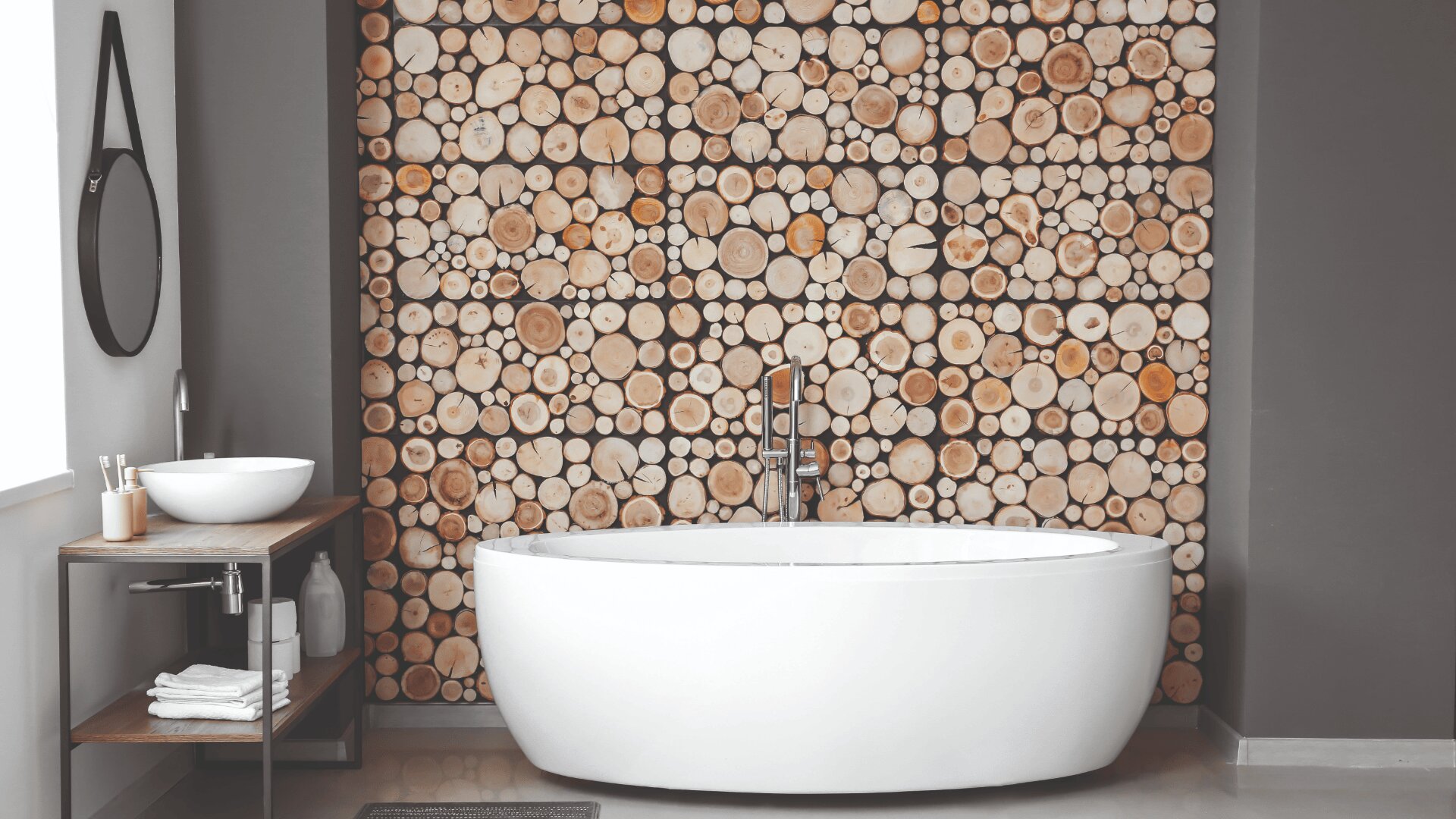 Ein modernes Badezimmer mit einer weißen ovalen Badewanne, einer Akzentwand aus Holzscheiben, einem runden Spiegel, einem weißen Aufsatzwaschbecken auf einem Metallständer und Regalen mit Handtüchern und Flaschen. Die Wände sind grau gestrichen.