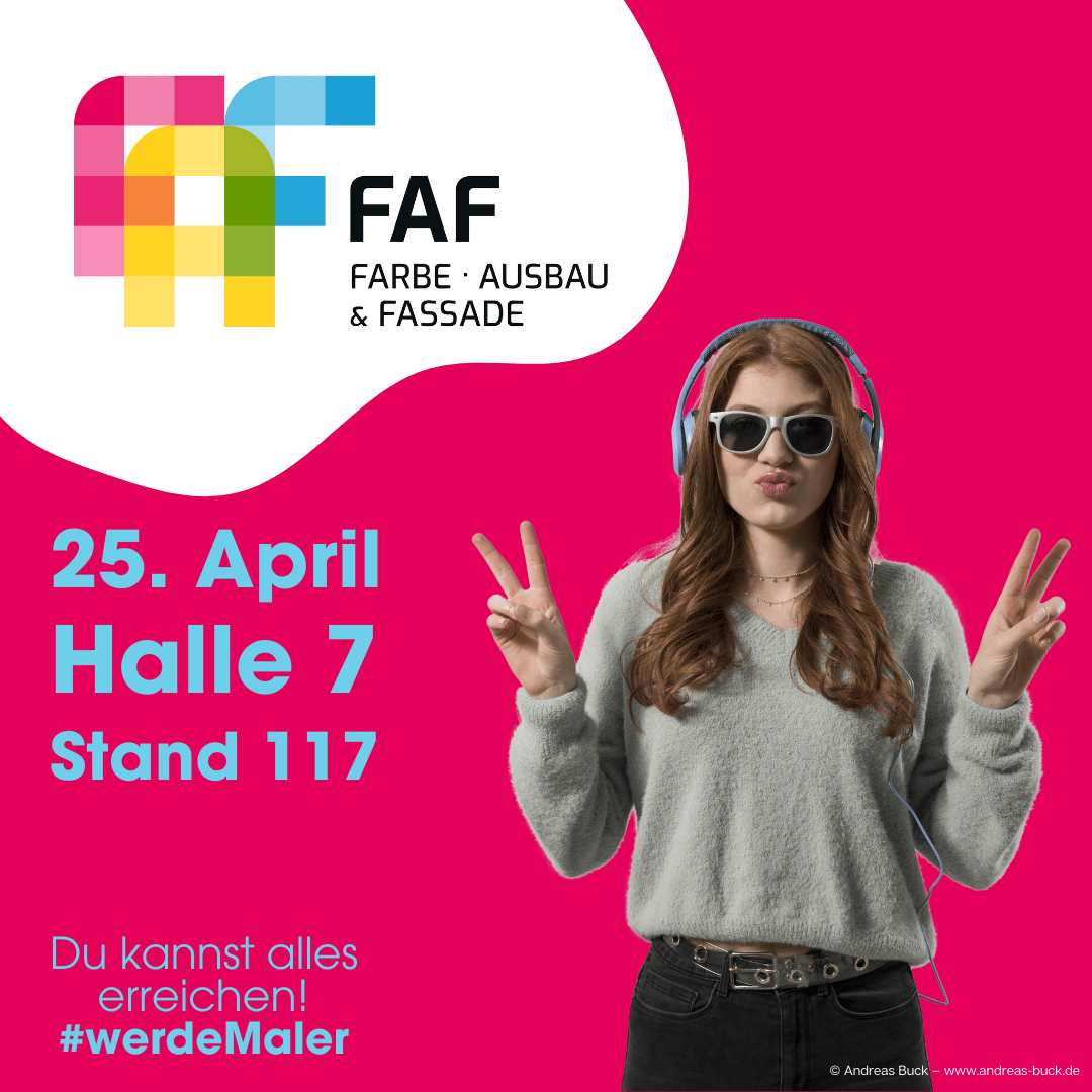 Eine junge Frau mit langen Haaren, Sonnenbrille, Kopfhörern und rosa Pullover macht mit beiden Händen Peace-Zeichen. Das FAF-Logo und die Veranstaltungsdetails vom 25. April, Halle 7, Stand 117 erscheinen auf rosa-weißem Hintergrund.