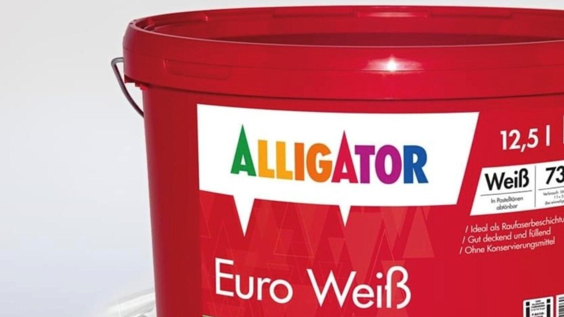 A red paint bucket labeled ALLIGATOR and Euro Weiß with white text, showing a capacity of 12.5 liters. The label includes color information and product details in German.