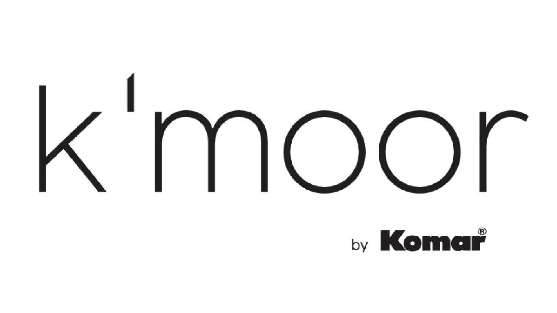 Black text on a white background reads kmoor in large, thin letters, with by Komar in smaller, bold letters underneath to the right.