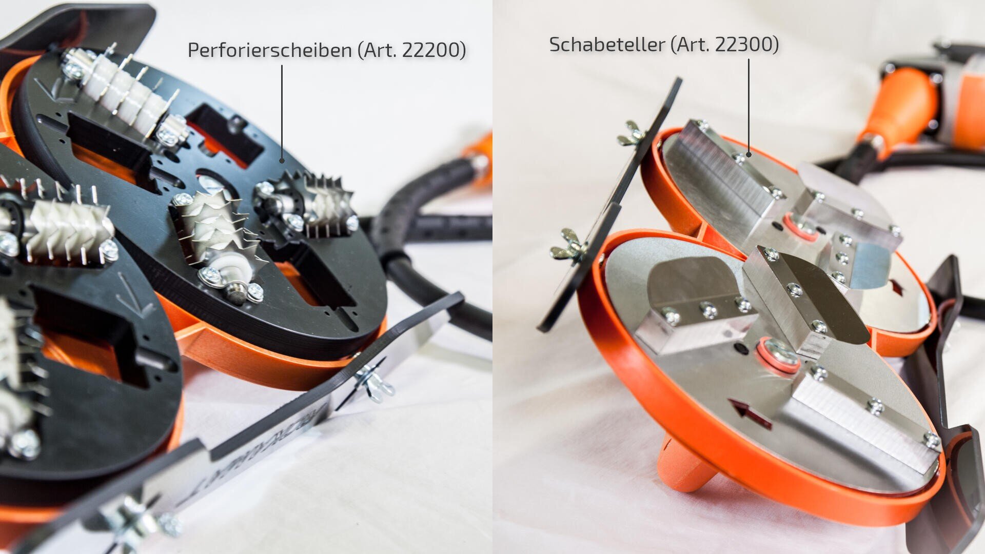 Zwei Nahaufnahmen von orangefarbenen und schwarzen mechanischen Werkzeugen mit Metallkomponenten, links mit der Bezeichnung „Perforierscheiben“ (Art. 22200) und rechts mit der Bezeichnung „Schabeteller“ (Art. 22300), dargestellt auf einer weißen Oberfläche.