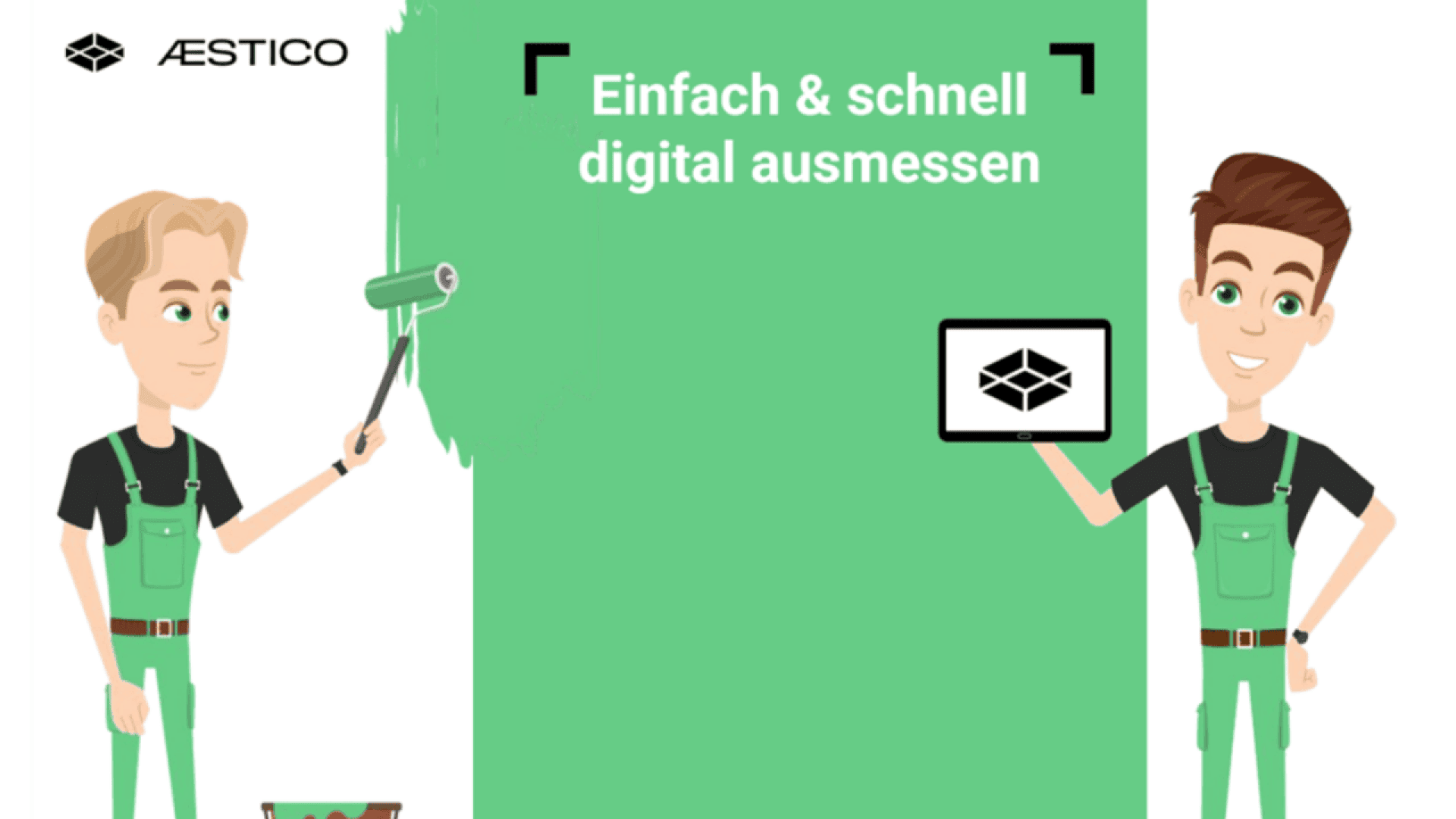 Two cartoon men in green overalls; one paints a wall green with a roller, the other holds a tablet. German text reads: Einfach & schnell digital ausmessen.” AESTICO logo is in the top left corner.