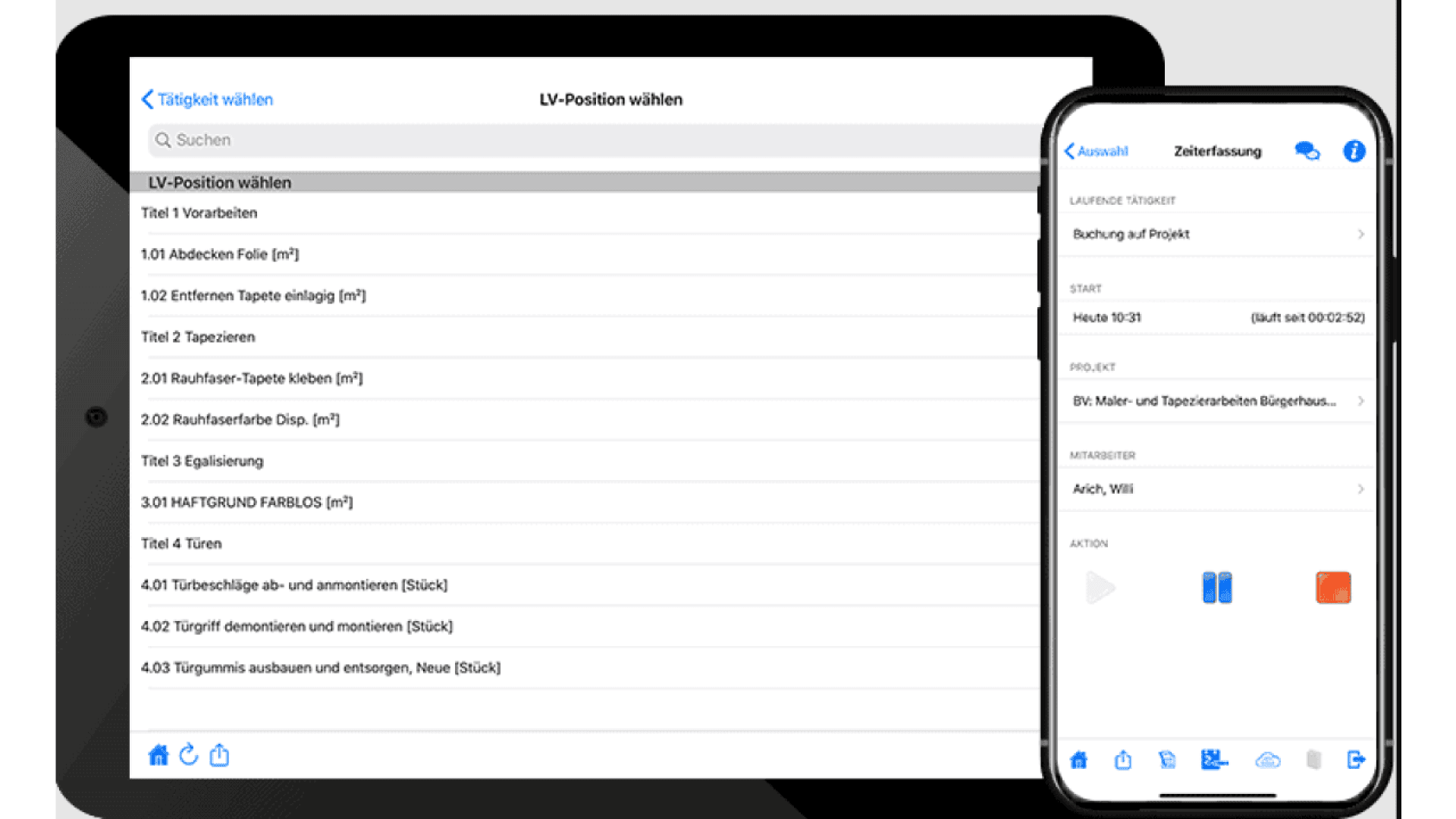 A tablet and a smartphone display a project management app interface in German, showing a list of tasks on the tablet and a time tracking summary on the smartphone.
